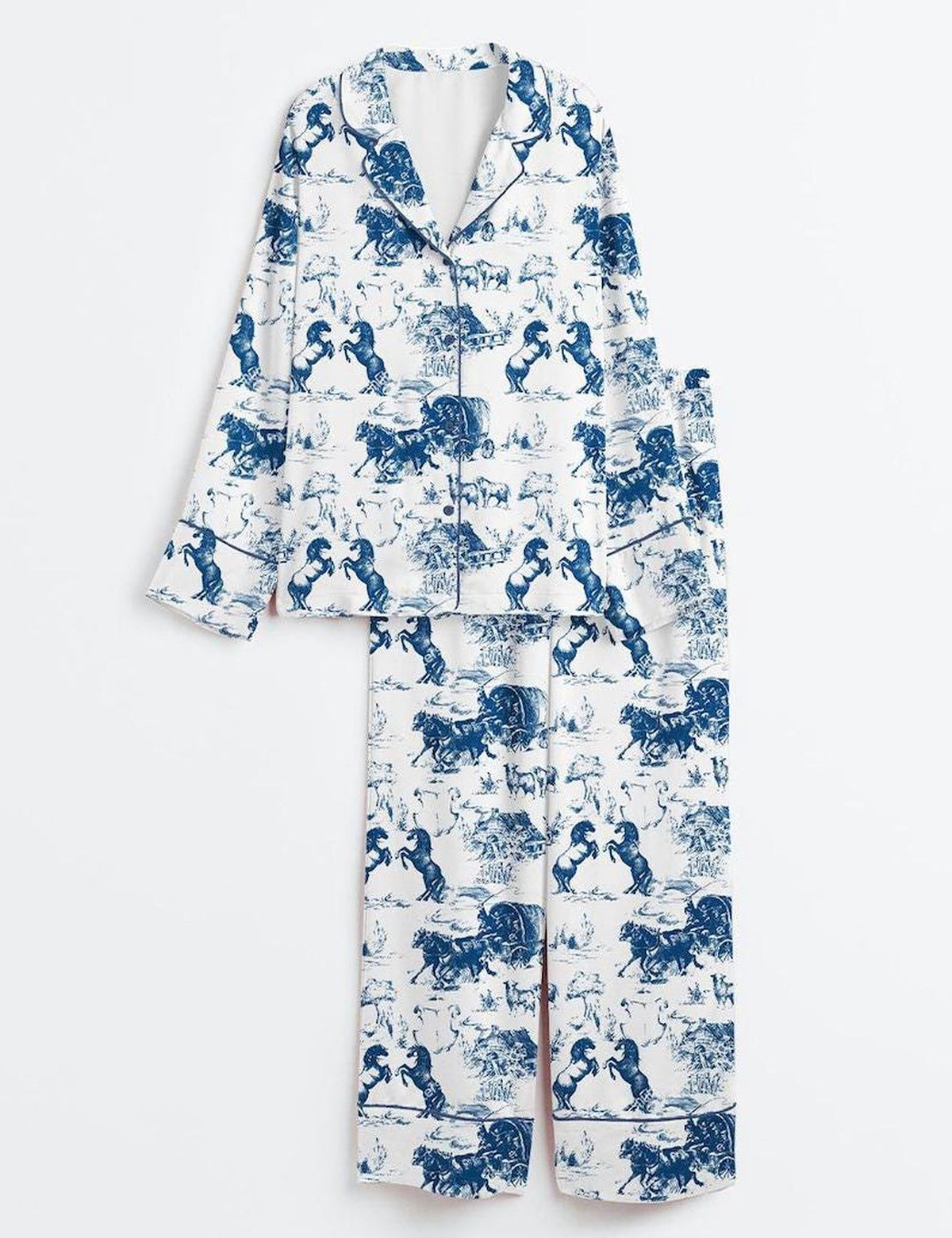 Western Horse Blue Toile Women Pajama Set Country Lounge PJ