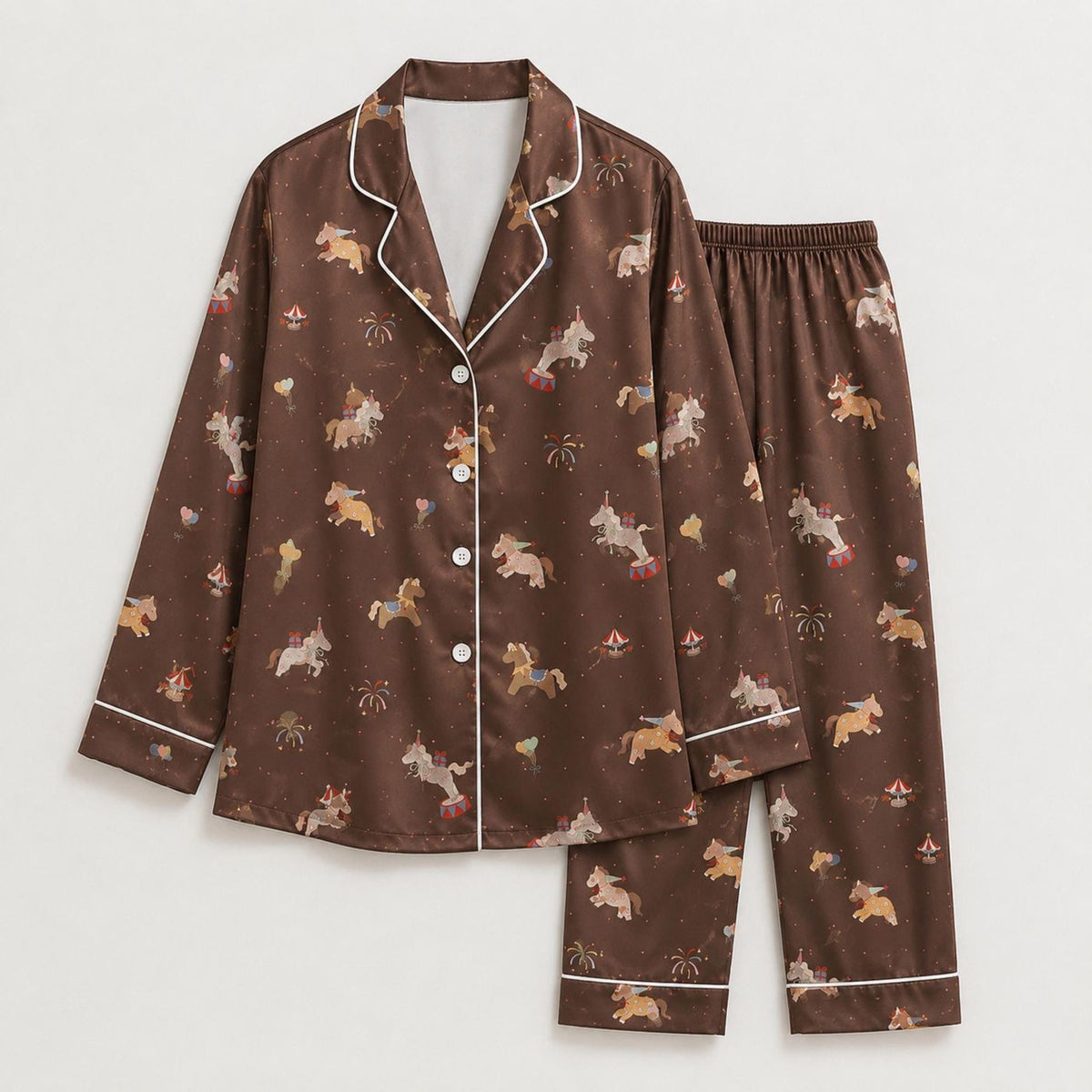 Western Satin Pajama Set Cowgirl Rodeo Horse Print Sleepwear for Women