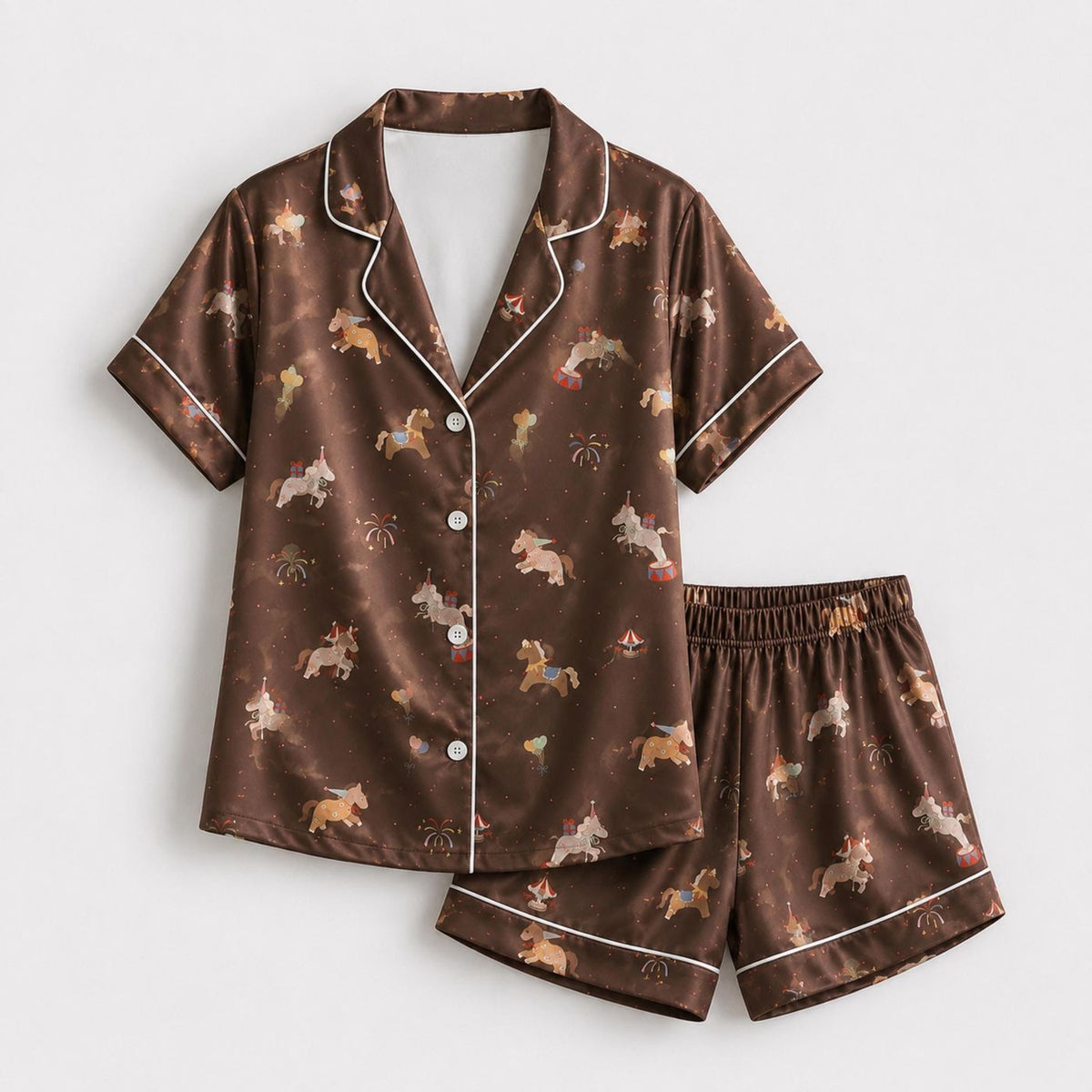 Western Satin Pajama Set Cowgirl Rodeo Horse Print Sleepwear for Women
