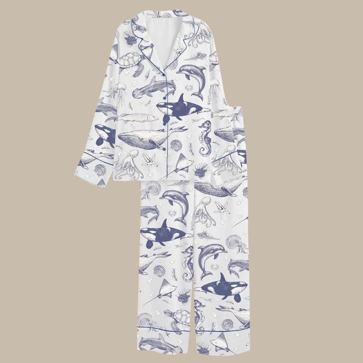 Whale Orca Dolphin Marine Life Satin Pajama Set - Ocean Animal Sleepwear