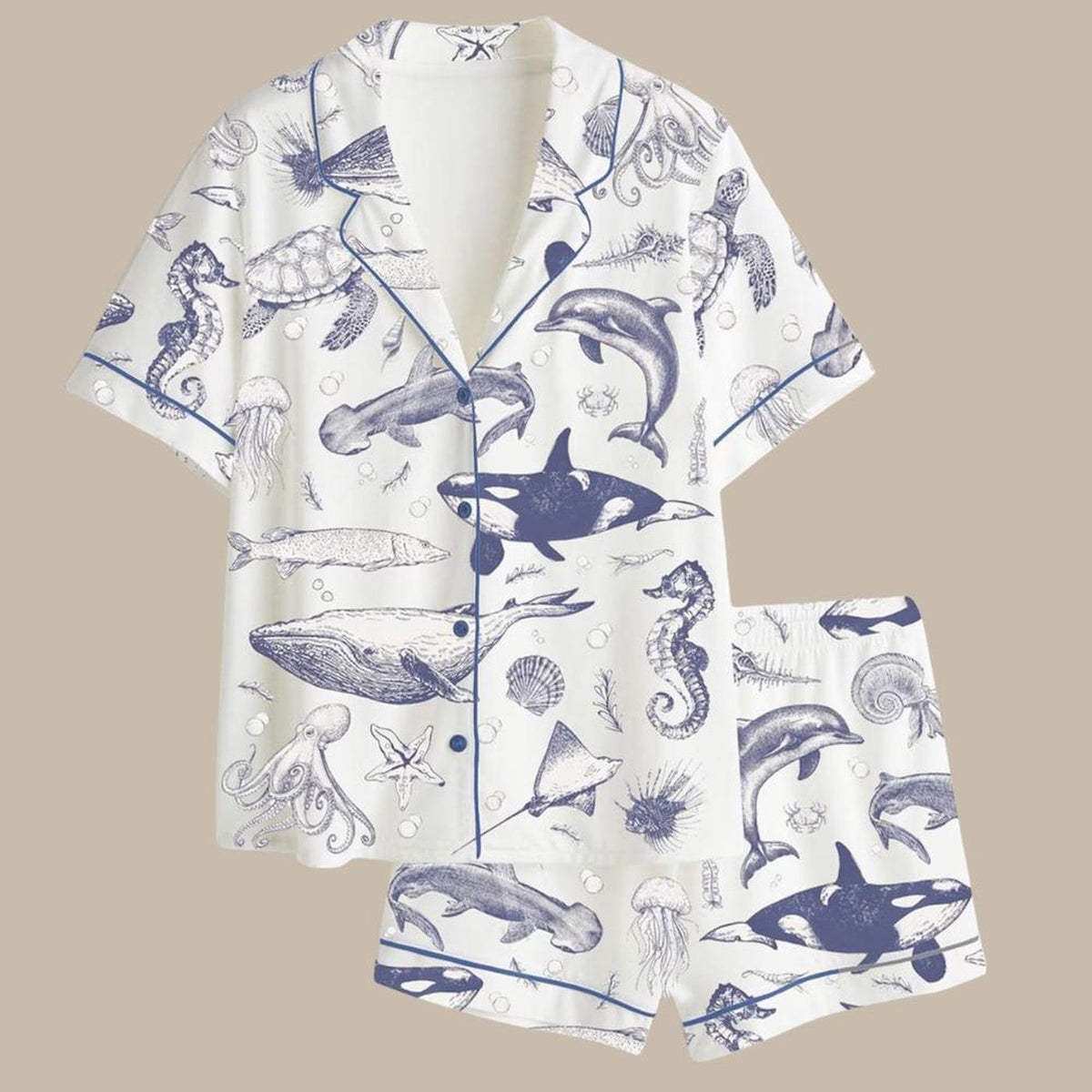 Whale Orca Dolphin Marine Life Satin Pajama Set - Ocean Animal Sleepwear