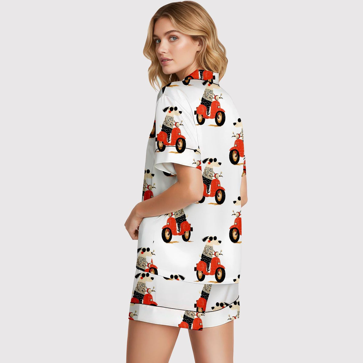 Whimsical Dog Scooter Pajama Set - Fun Animal Print Summer Sleepwear