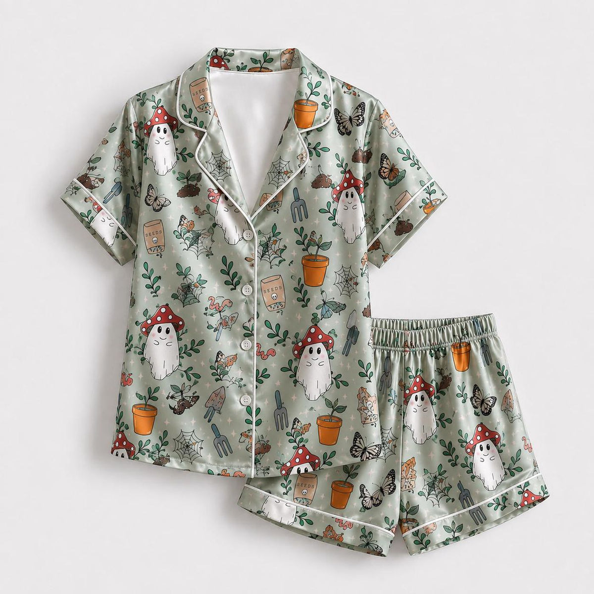 Whimsical Garden Ghost Satin Pajama Set - Cozy Sleepwear with Mushrooms Plants & Spooky Botanical Pattern