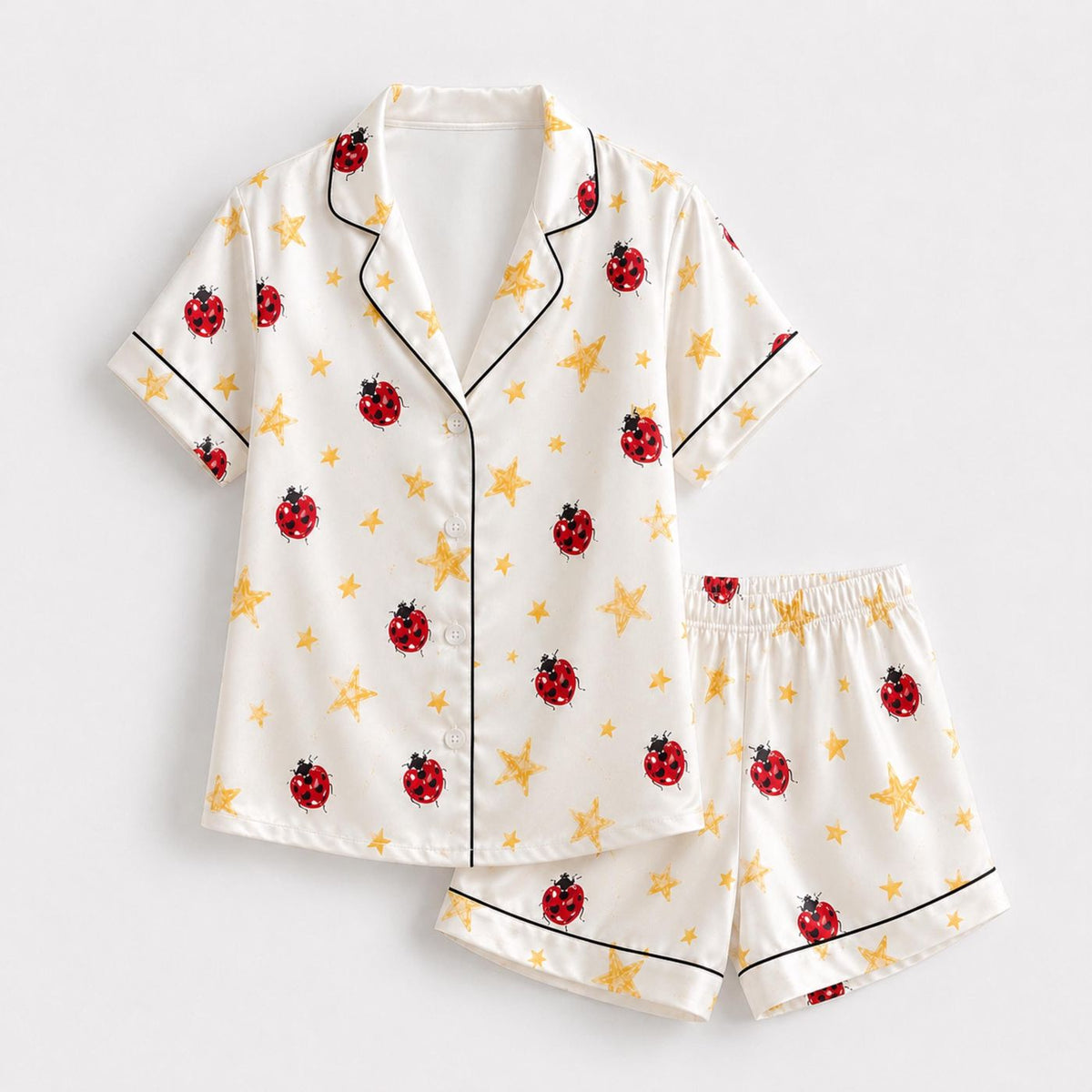 Whimsical Ladybug Print Lounge Set - Luxurious Satin Comfort for Women