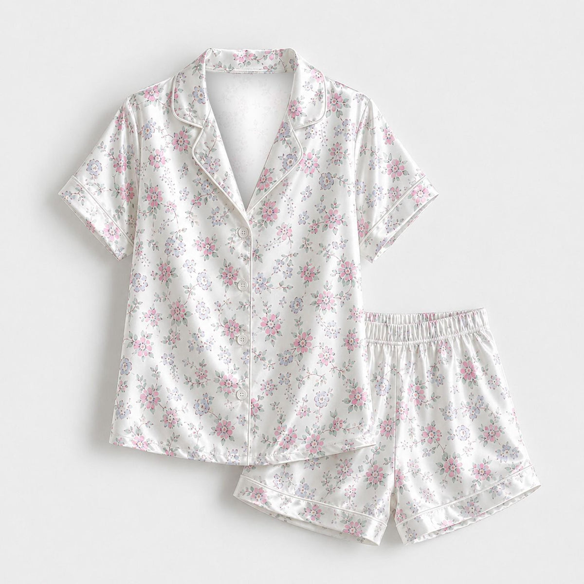 White Ditsy Floral Satin Pajama Set Pink & Blue Flowers Two Piece Sleepwear Button Front Loungewear