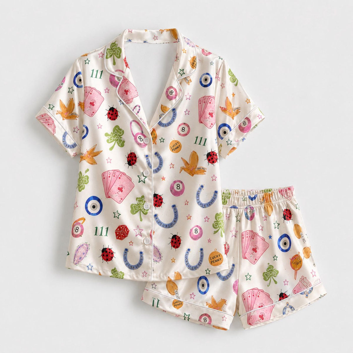 Whimsical Symbol Graphic White Fabric Pajama Collection - Loungewear Sleepwear Set