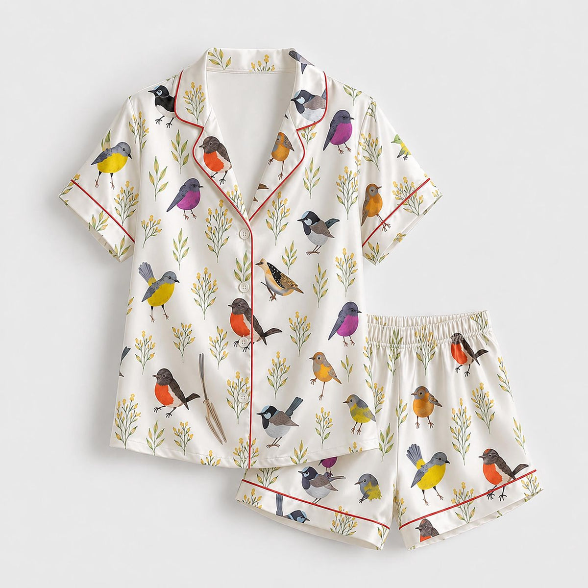 White Satin Bird Pajama Apparel with Colorful Robin Pattern Sleeves - Loungewear Sleepwear Collection