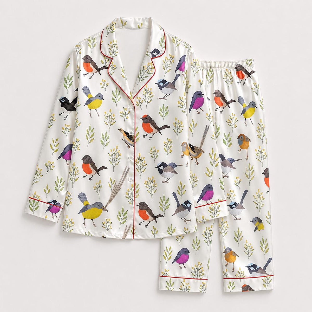 White Satin Bird Pajama Apparel with Colorful Robin Pattern Sleeves - Loungewear Sleepwear Collection