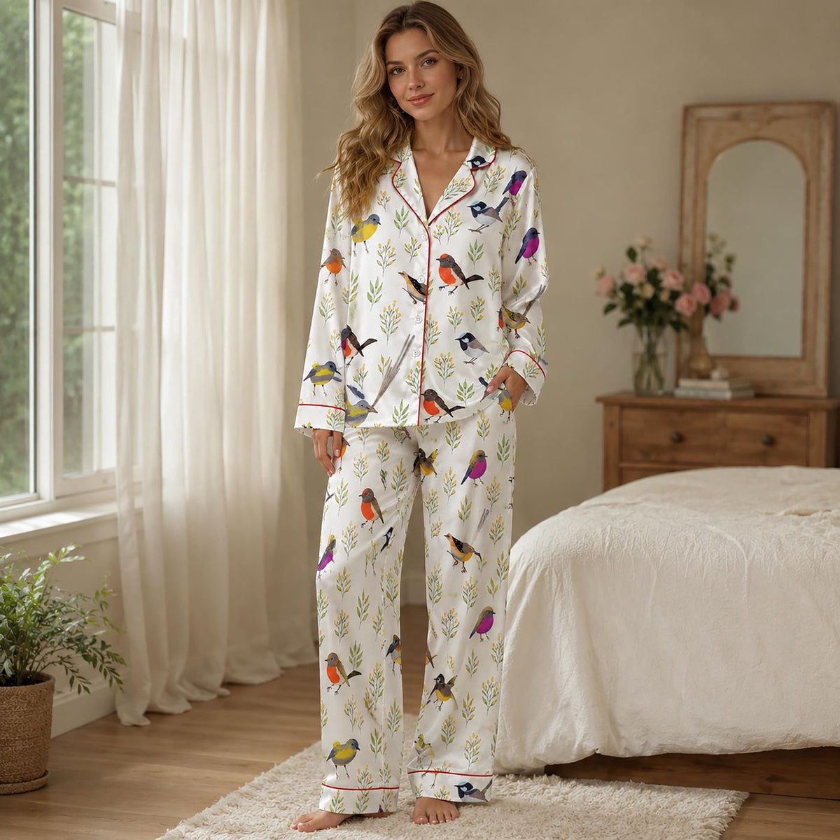 White Satin Bird Pajama Apparel with Colorful Robin Pattern Sleeves - Loungewear Sleepwear Collection