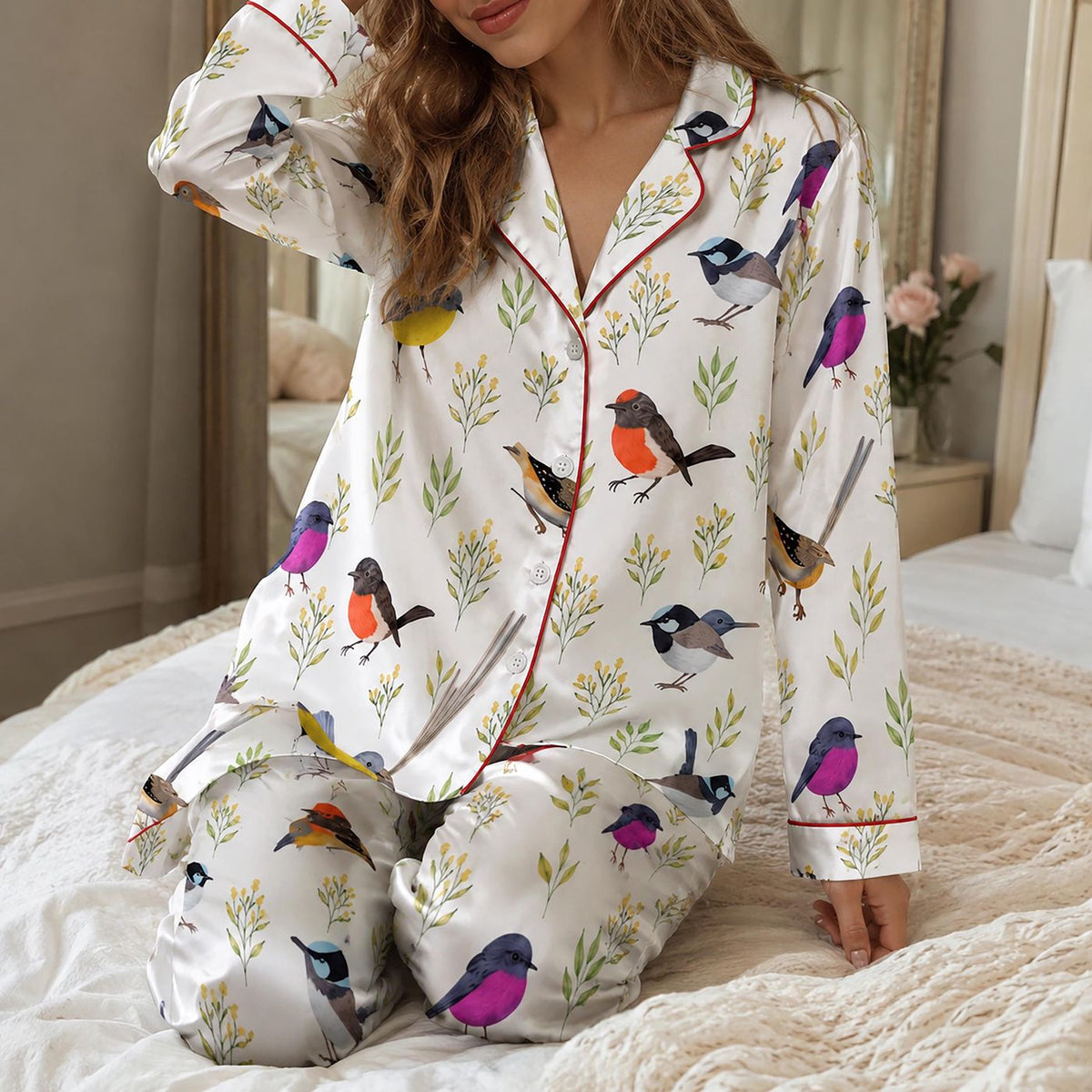 White Satin Bird Pajama Apparel with Colorful Robin Pattern Sleeves - Loungewear Sleepwear Collection