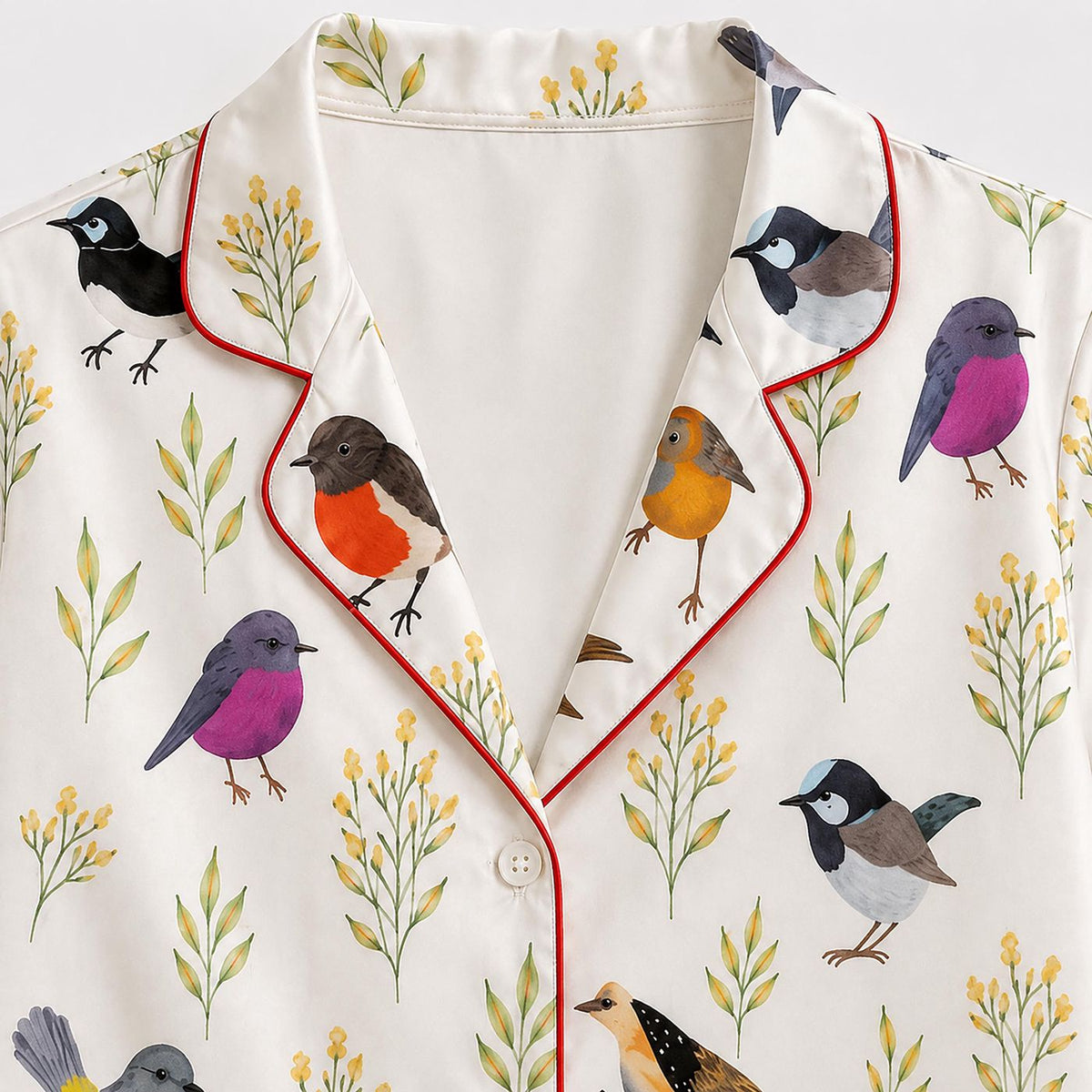 White Satin Bird Pajama Apparel with Colorful Robin Pattern Sleeves - Loungewear Sleepwear Collection