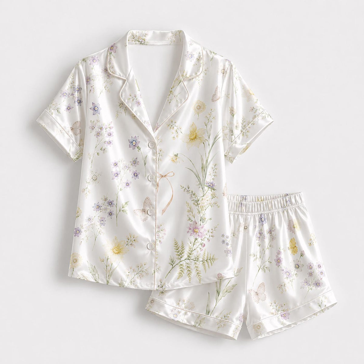White Satin Butterfly Pajama Set - Botanical Floral Loungewear Collection