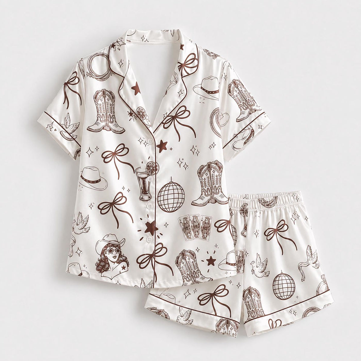 White Satin Cowgirl Pajama Set with Brown Boot Pattern Sleeves - Loungewear Sleepwear Collection