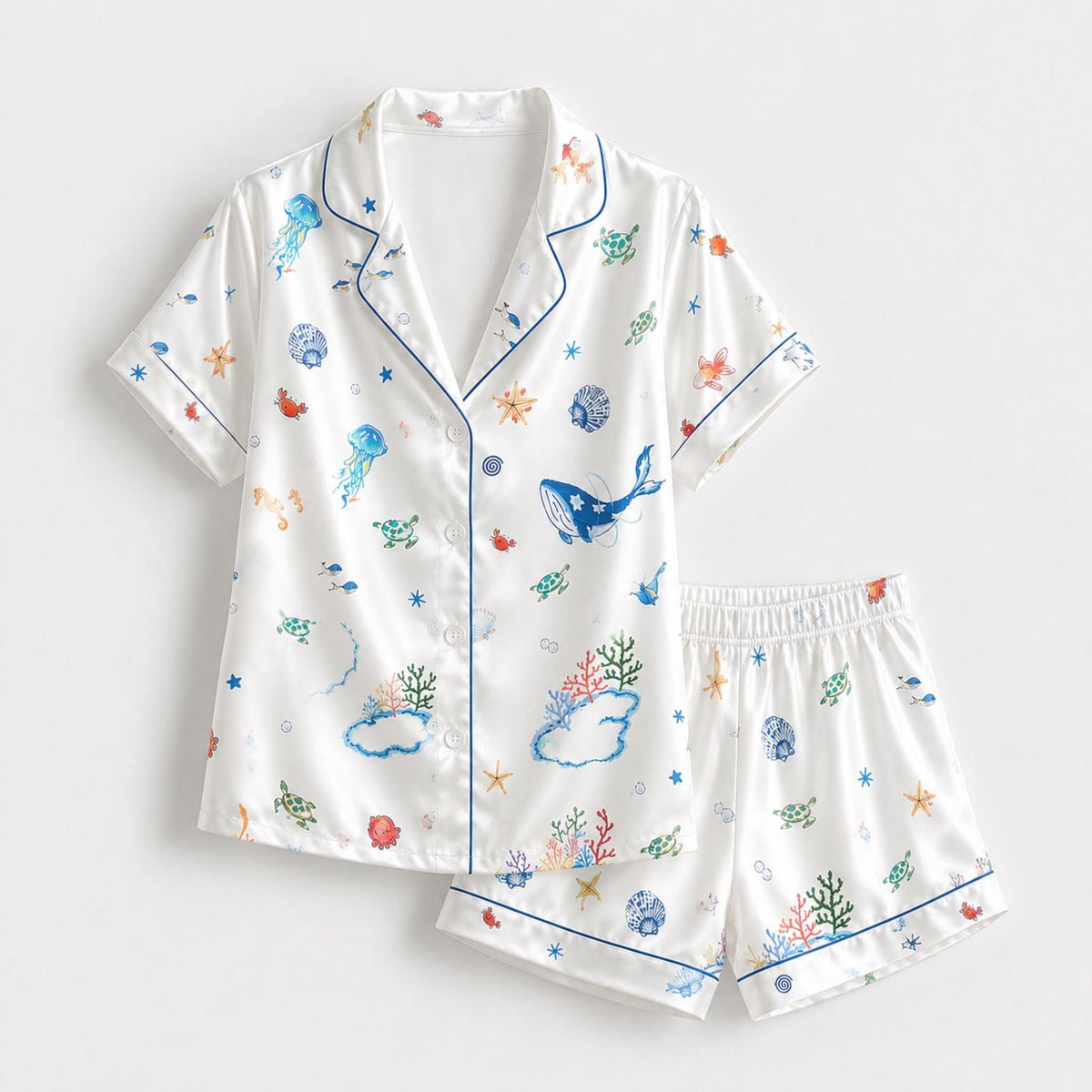 White Satin Ocean Animal Print Pajamas Set - Sea Life Sleepwear