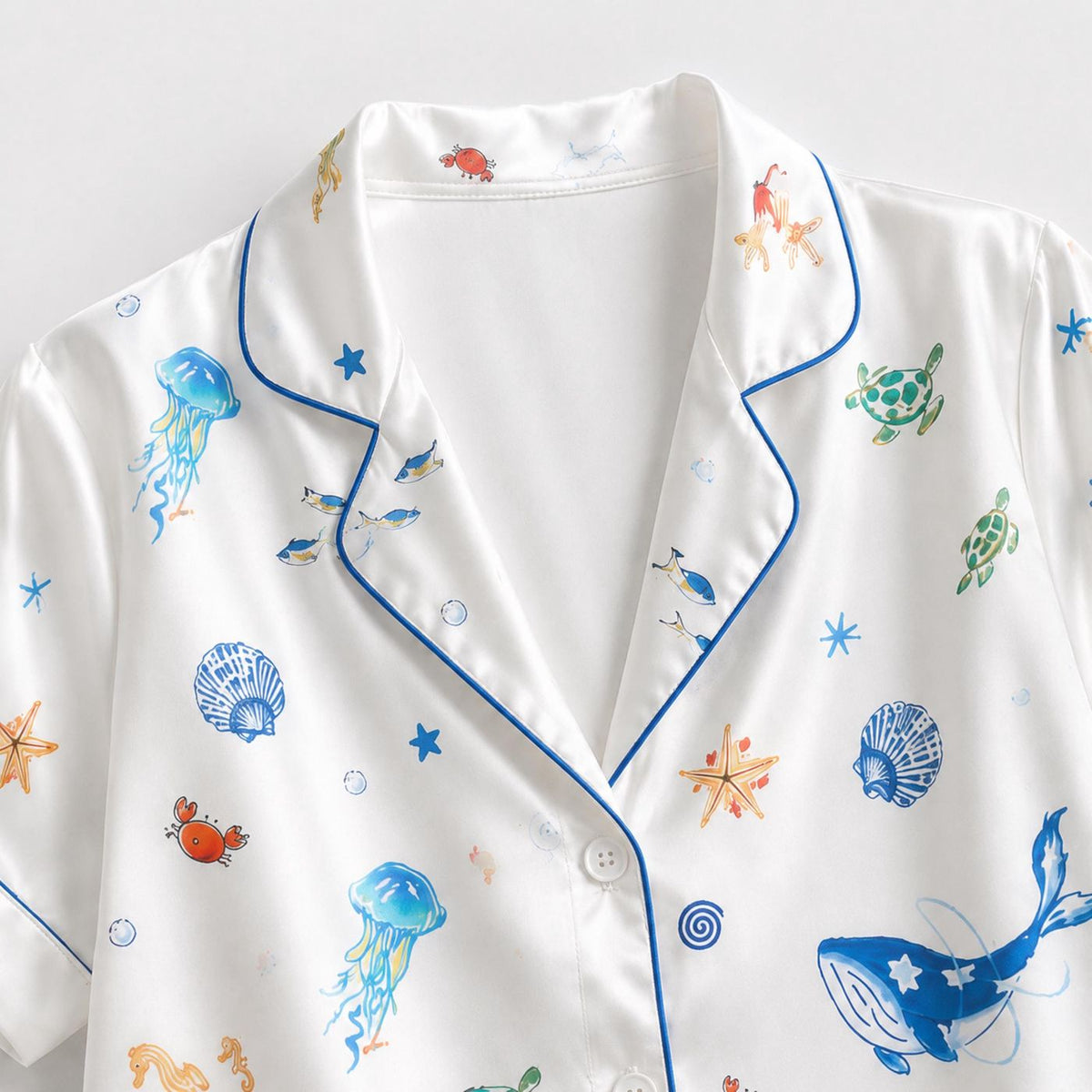 White Satin Ocean Animal Print Pajamas Set - Sea Life Sleepwear