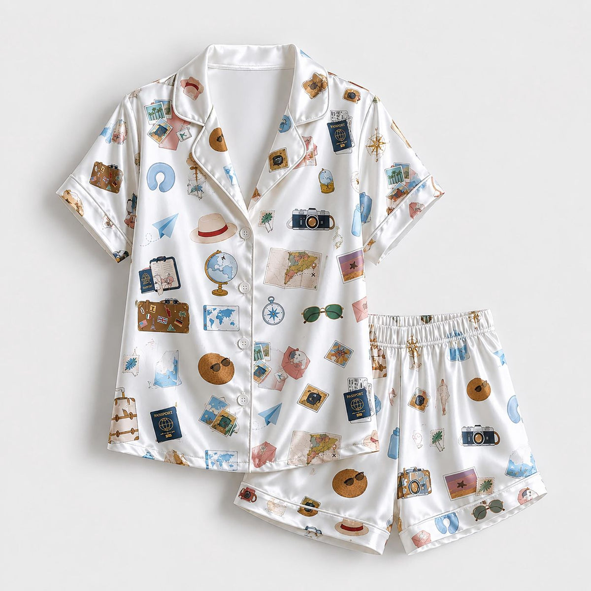 White Satin Travel Pajama Set with Passport & Camera Pattern - Cozy & Stylish!
