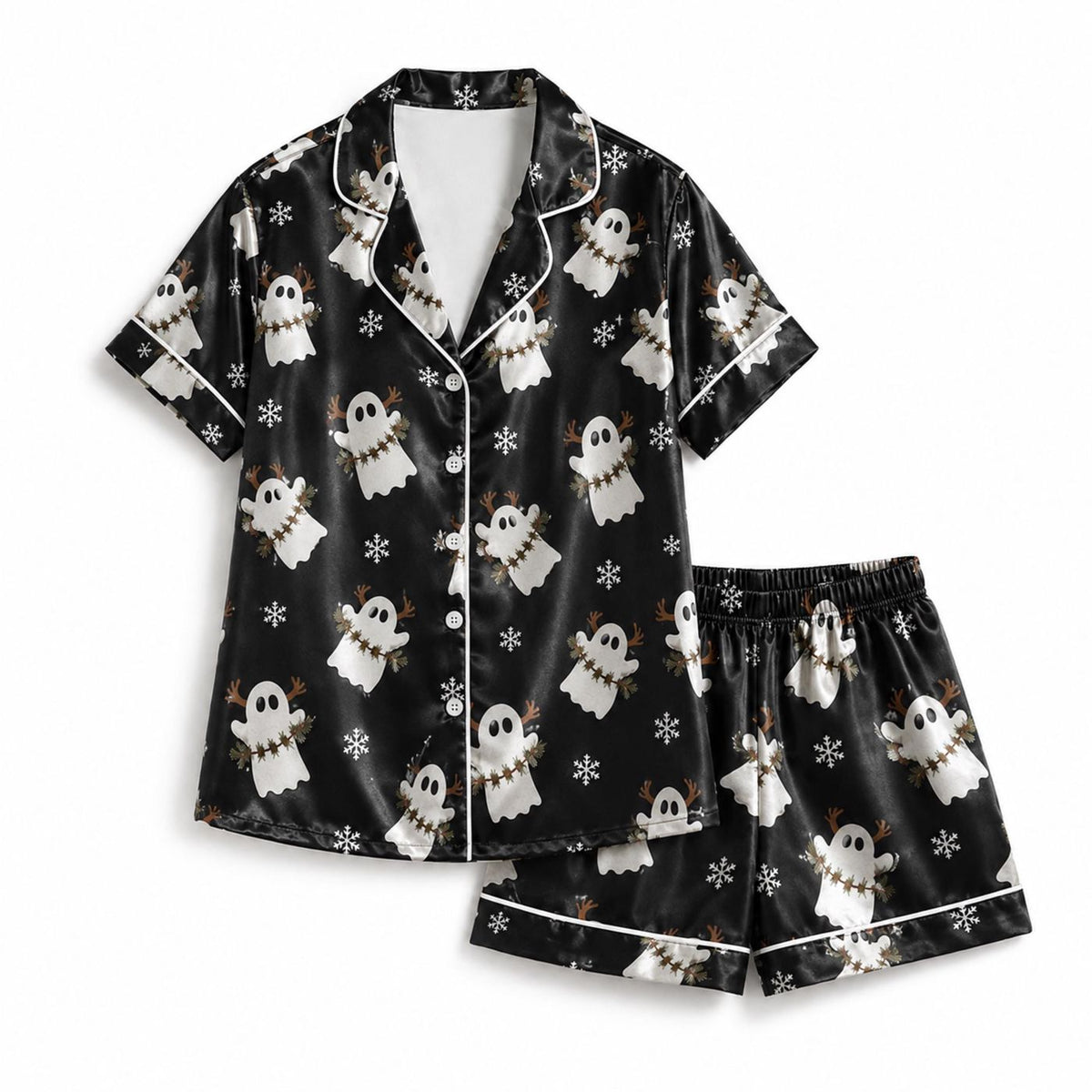 Winter Ghost Satin Pajama Set: Santa Hats & Spooky Christmas Pattern - Cozy Sleepwear