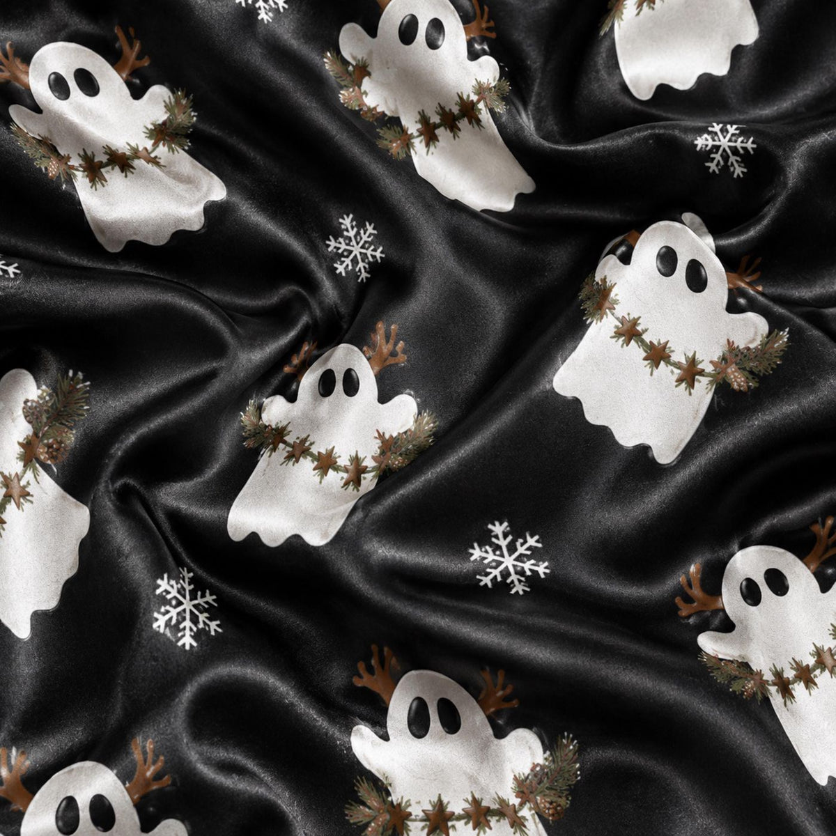 Cozy Winter Ghost Satin Pajama Set with Santa Hats & Spooky Christmas Pattern