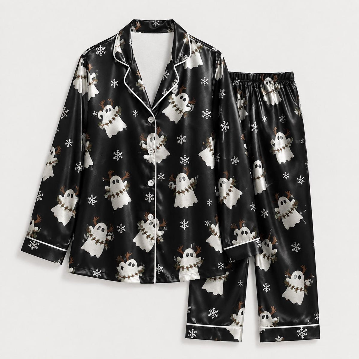 Cozy Winter Ghost Satin Pajama Set with Santa Hats & Spooky Christmas Pattern
