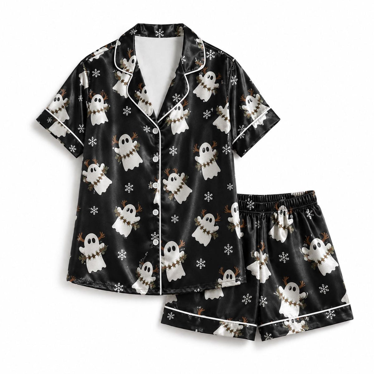 Cozy Winter Ghost Satin Pajama Set with Santa Hats & Snowflakes - Stylish Sleepwear for Cute Spooky Christmas