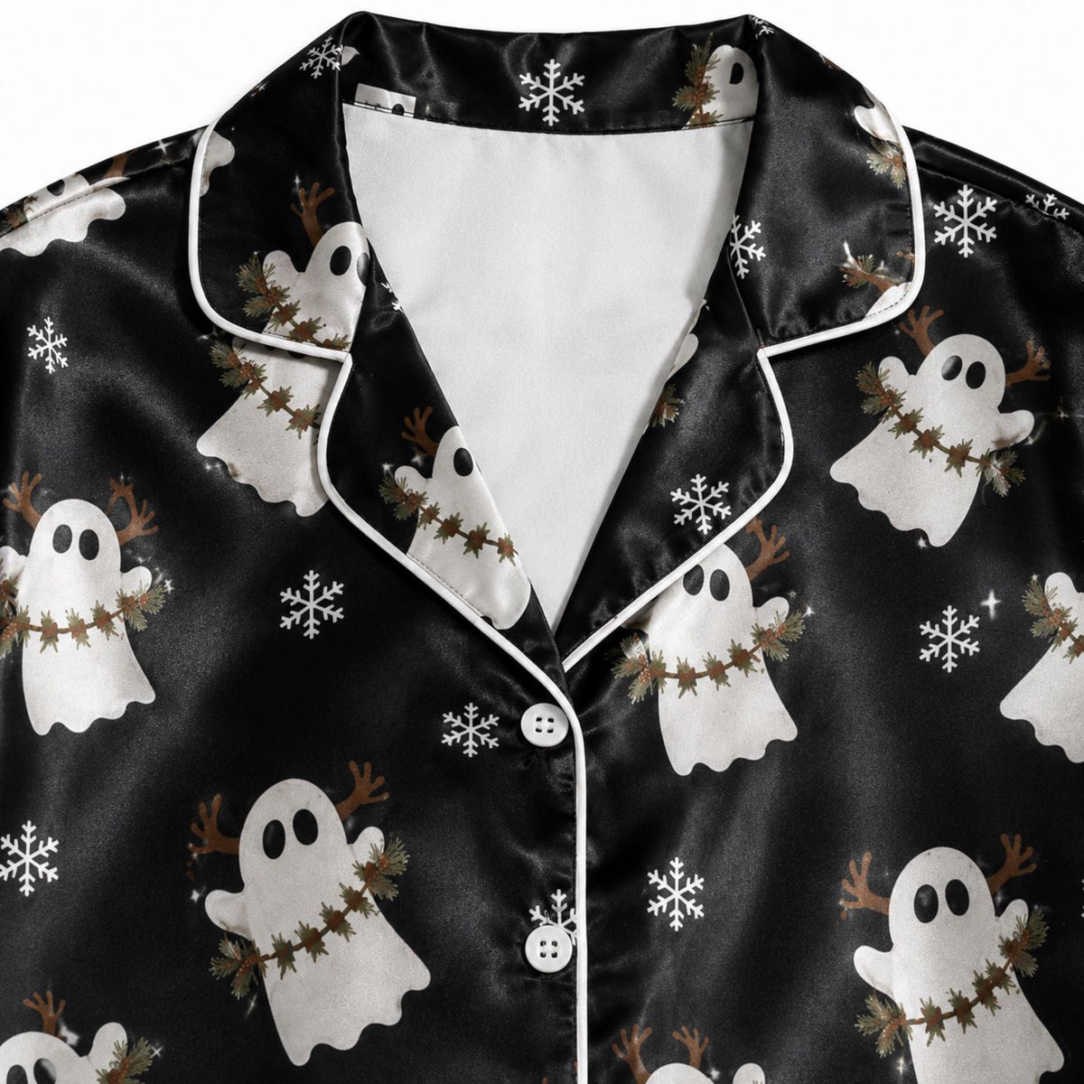 Winter Ghost Satin Pajama Set: Santa Hats & Spooky Christmas Pattern - Cozy Sleepwear