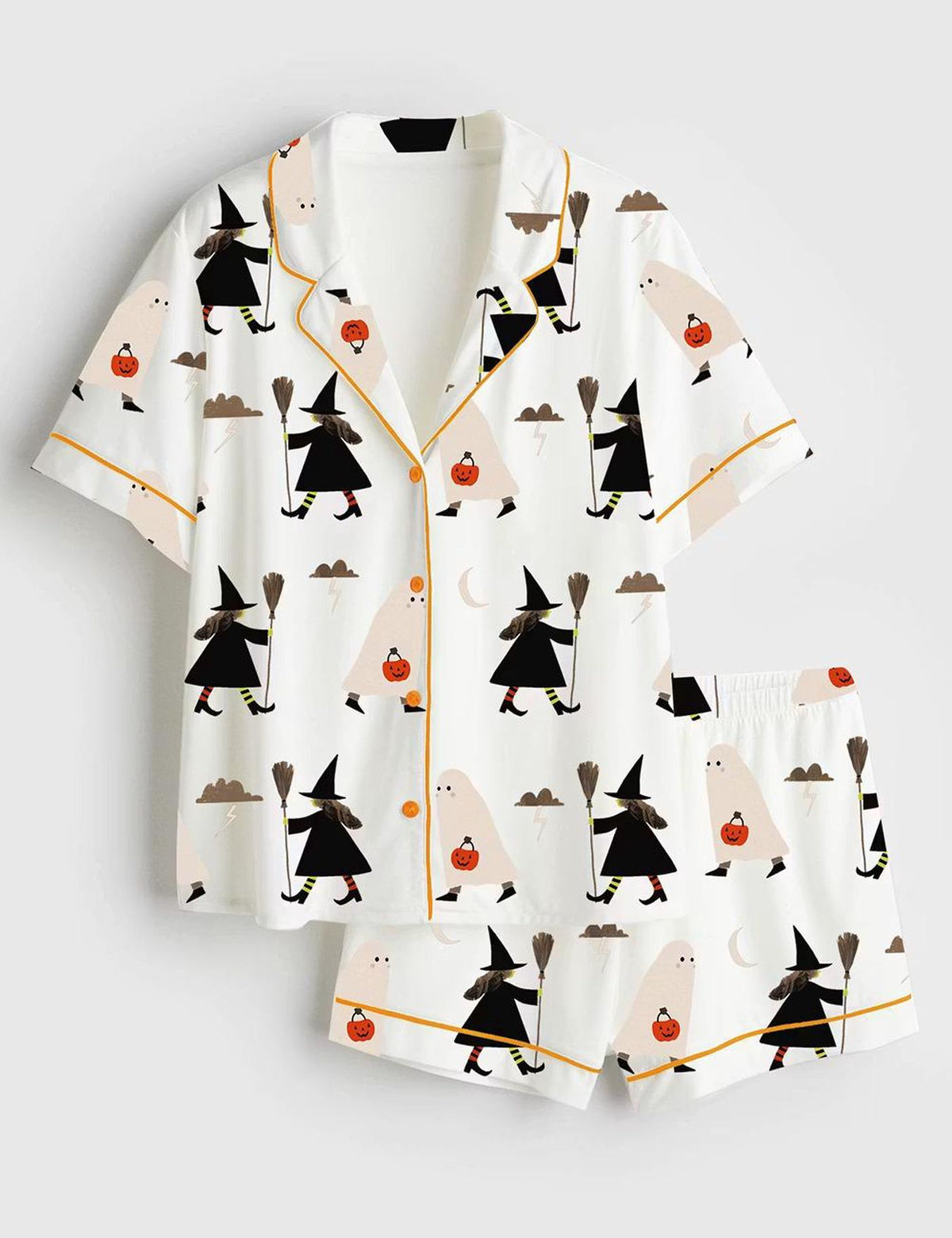 Witch and Ghost Halloween Satin Pajama Set for Women: Spooky Sleepwear for Festive Fall Lounging