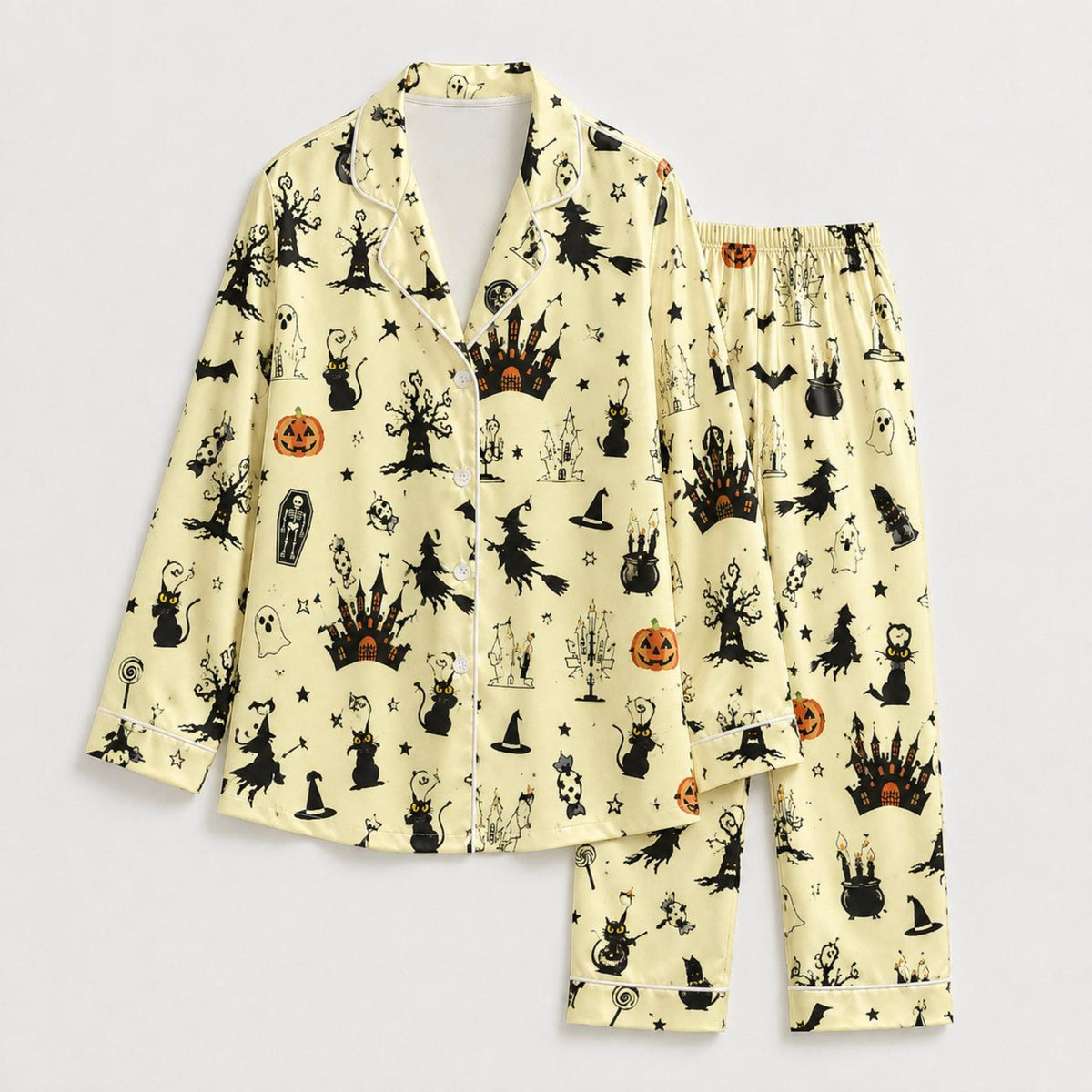 Witchy Halloween Satin Pajama Set: Magical Spooky Pattern for Cozy Sleep & Loungewear