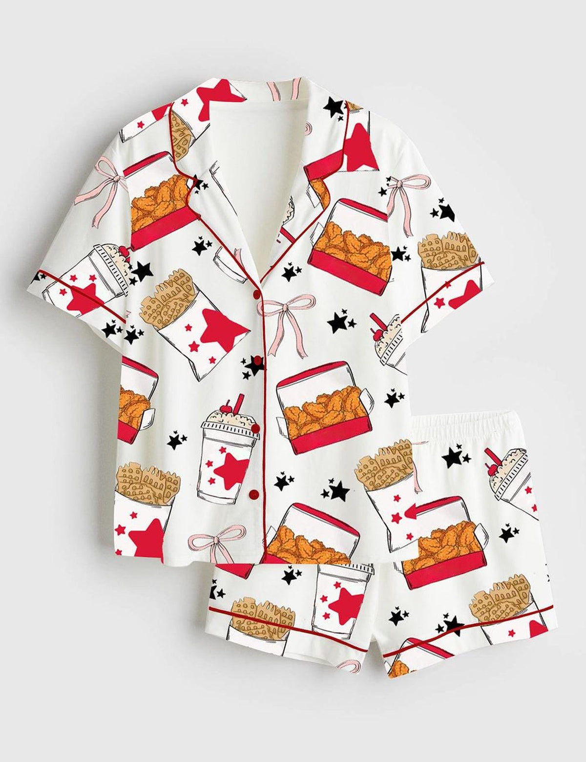 Women Coquette Chicken Nuggets Short Sleeve Satin Pajama Set, Pajama Nightwear Set for Her Women Coquette Chicken