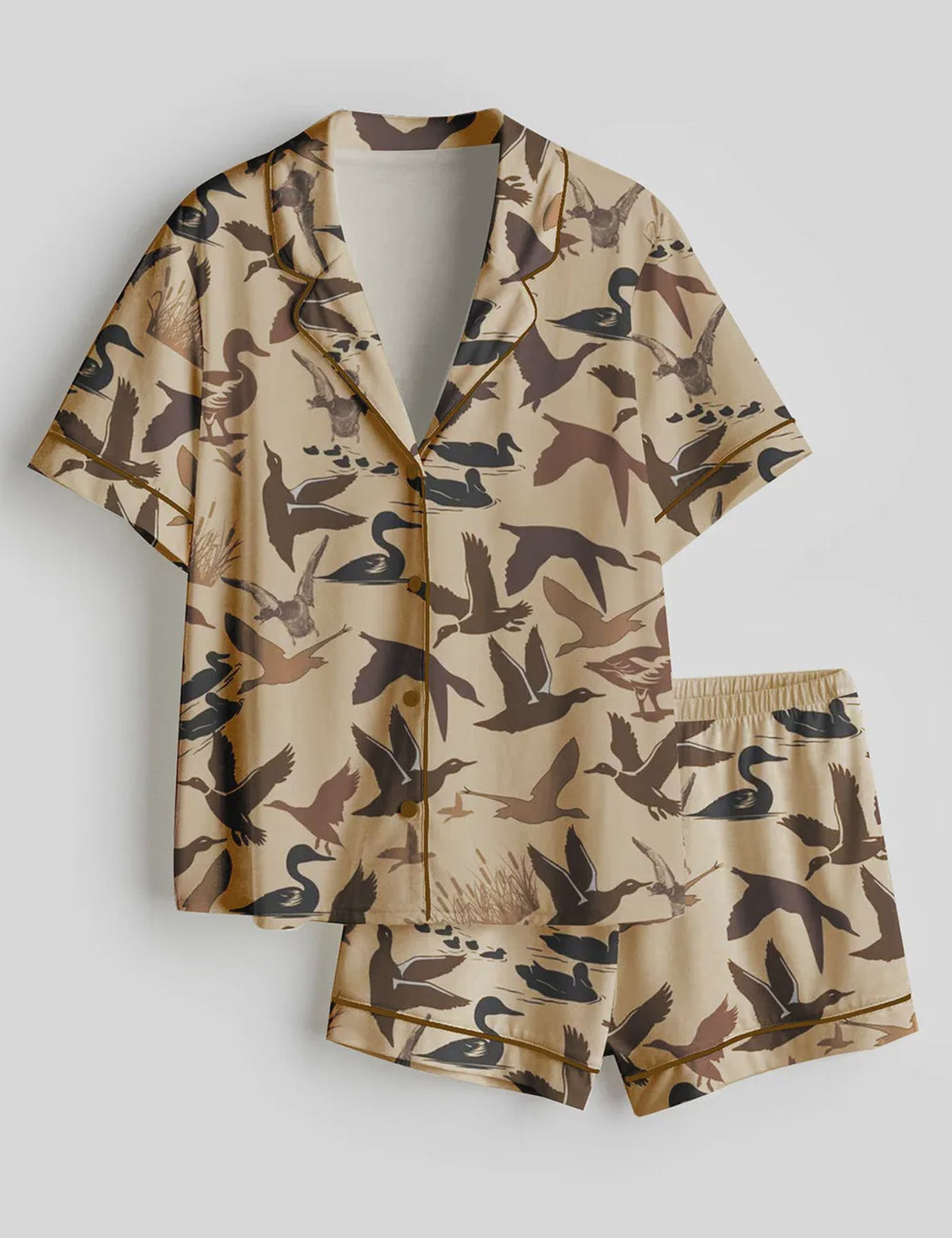 Women's Duck Camouflage Short Sleeve Satin Pajama Set, Sleepwear Loungewear Gift for Women