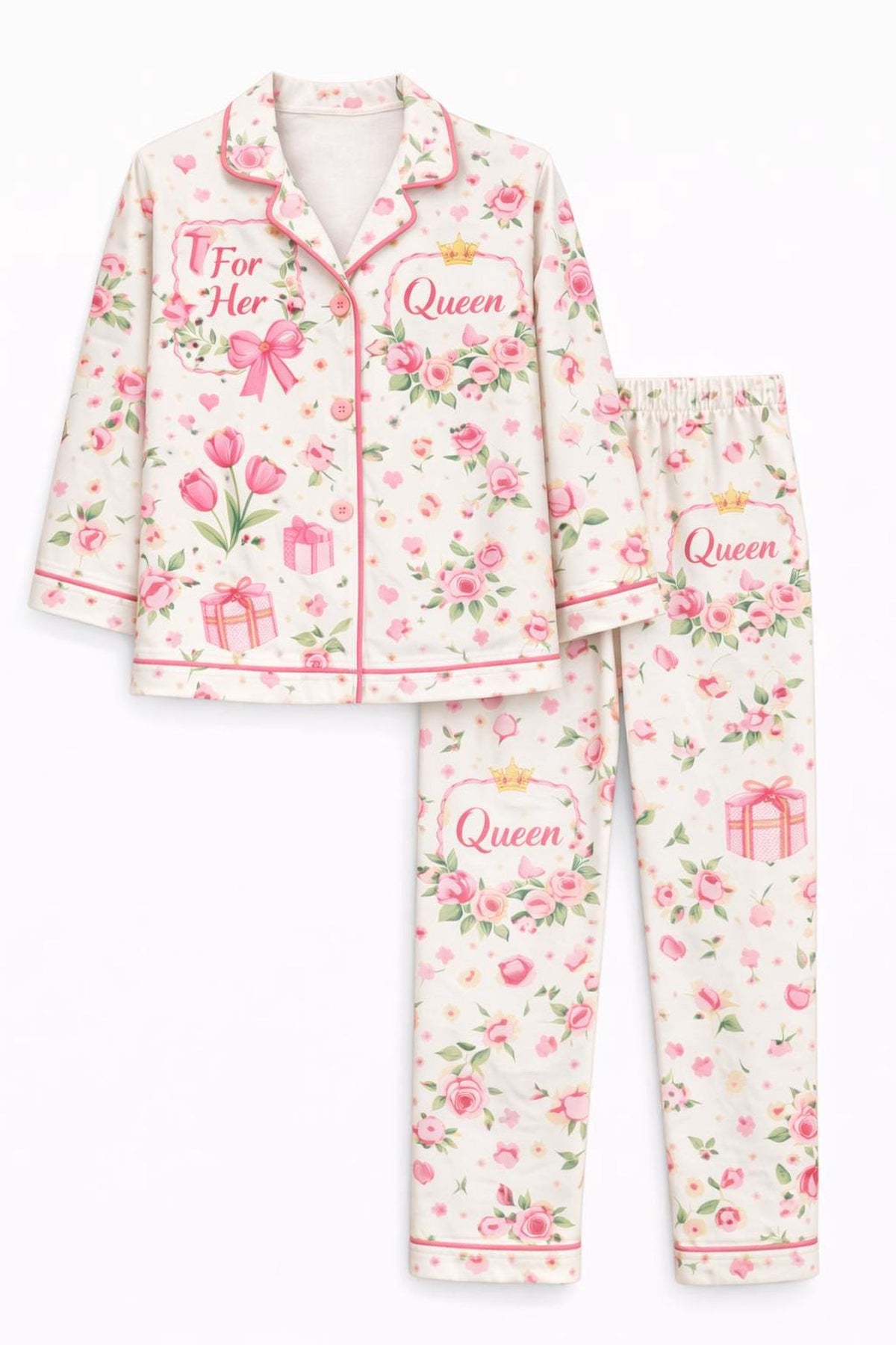 Floral Queen Pajama Set Silk Lounge Sleepwear Women s