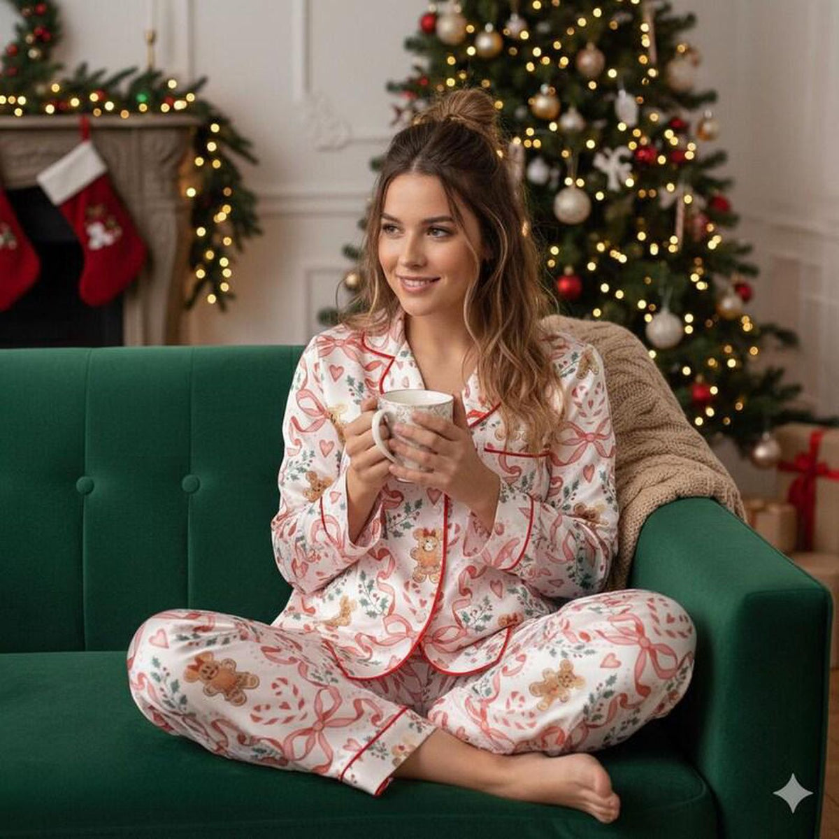 Gingerbread Christmas Pajama Set Women Holiday Sleepwear Silk Lounge