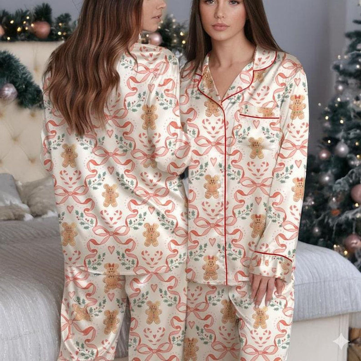 Gingerbread Christmas Pajama Set Women Holiday Sleepwear Silk Lounge