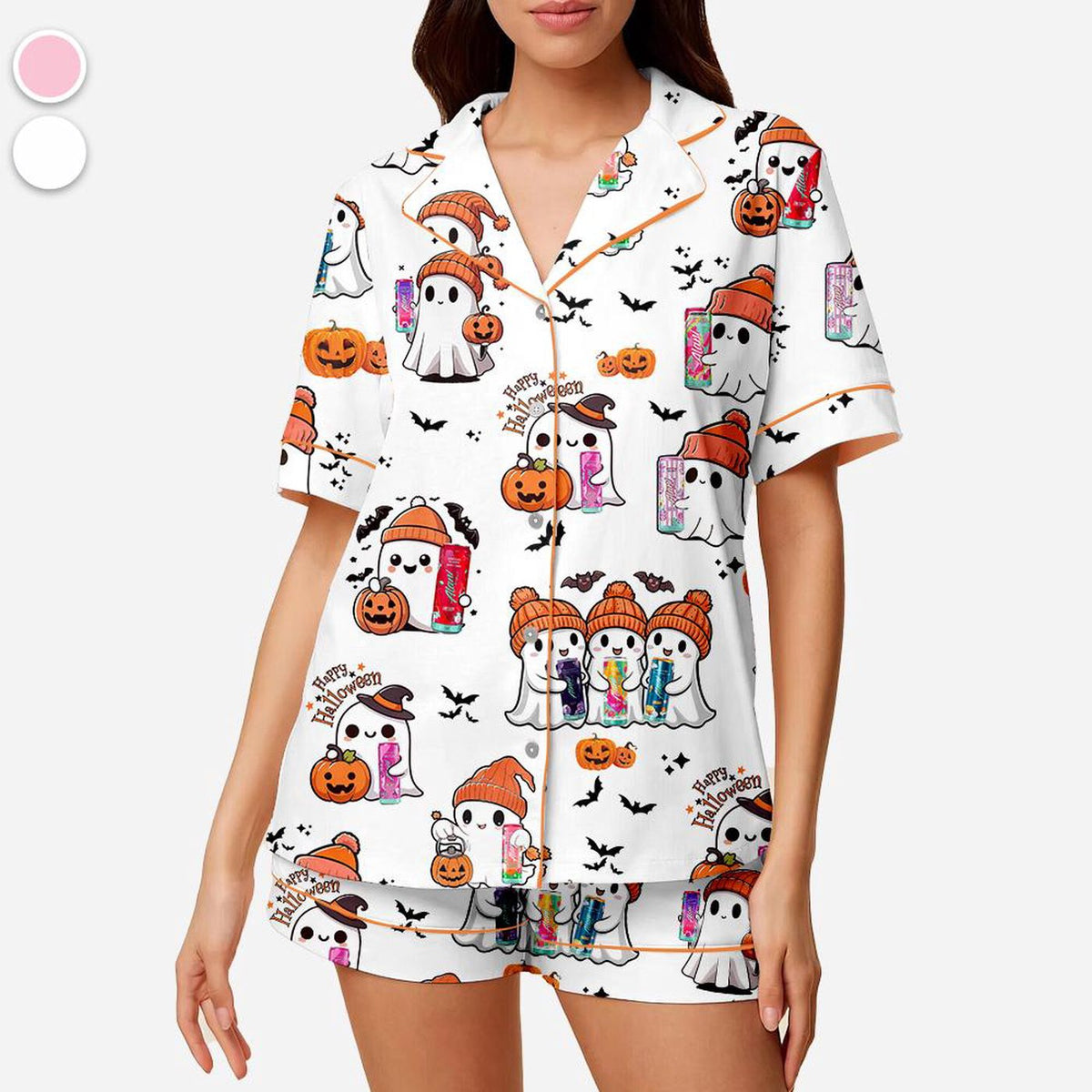 Women s Halloween Satin Pajama Set - Ghost & Pumpkin Print Sleepwear for Cozy Fall Loungewear