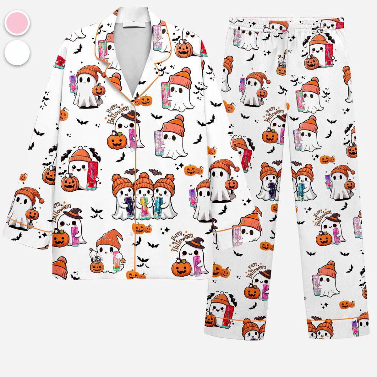Women s Halloween Satin Pajama Set - Ghost & Pumpkin Print Sleepwear for Cozy Fall Loungewear