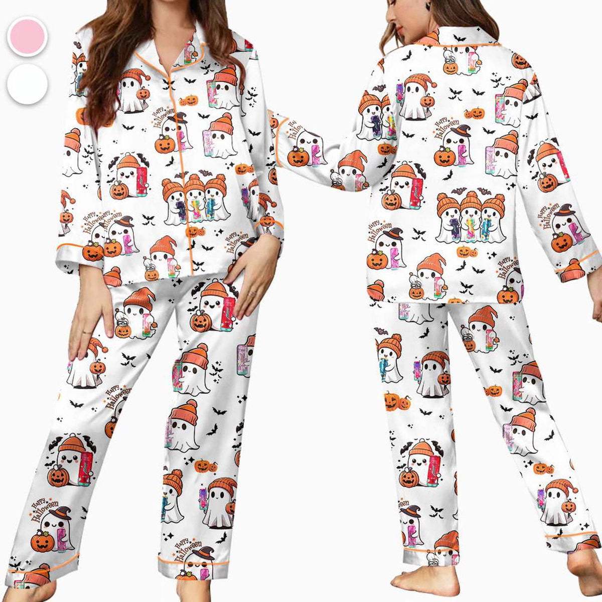 Women s Halloween Satin Pajama Set - Ghost & Pumpkin Print Sleepwear for Cozy Fall Loungewear