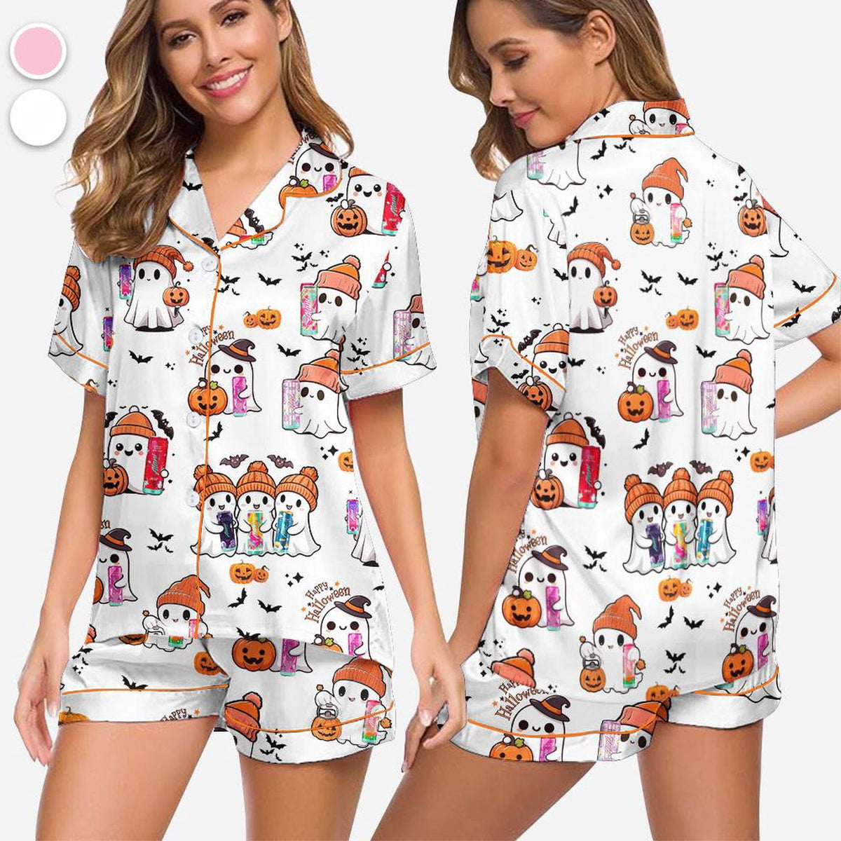 Women s Halloween Satin Pajama Set - Ghost & Pumpkin Print Sleepwear for Cozy Fall Loungewear