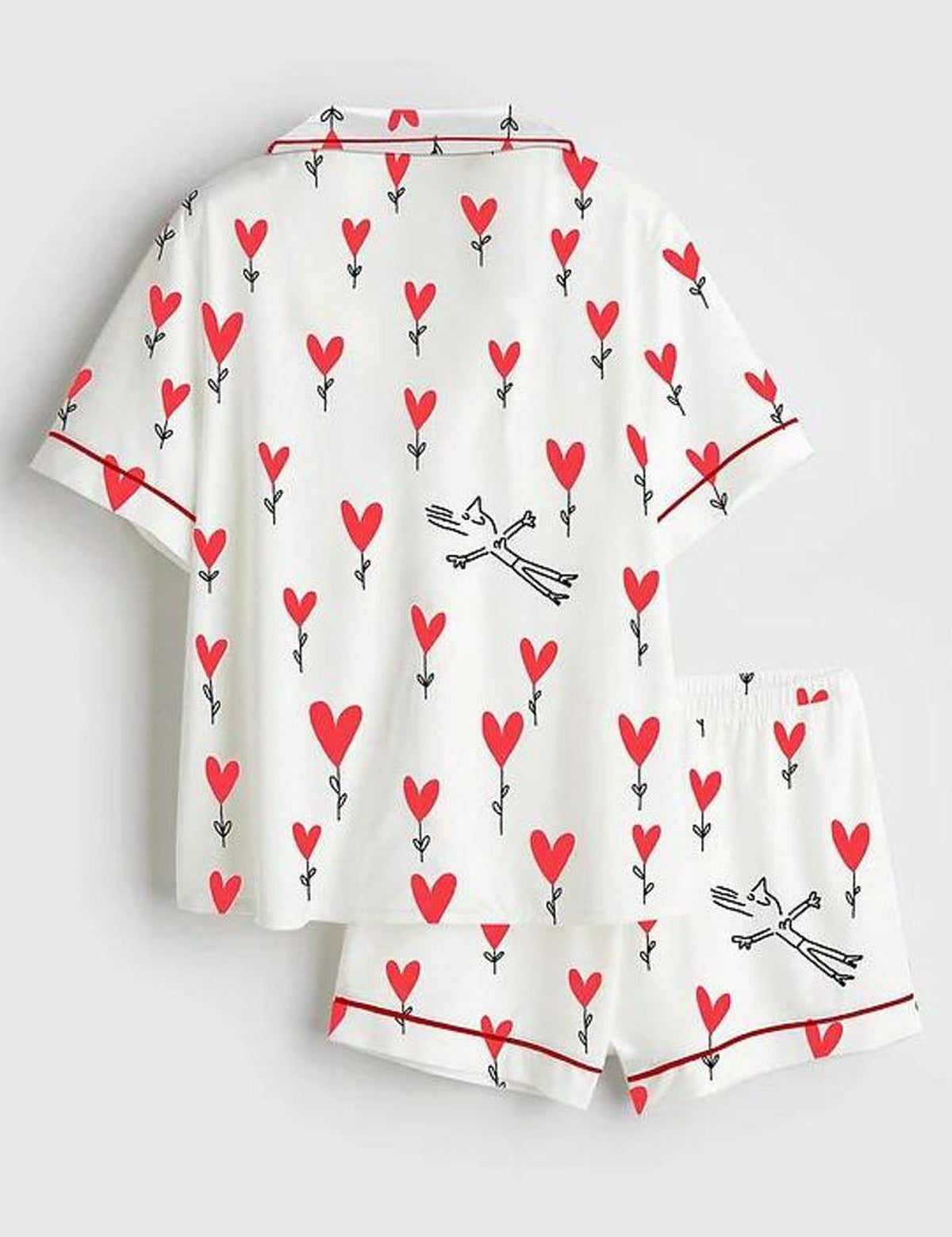 Heart Print Silk Pajama Set Women Lounge Sleepwear Shorts
