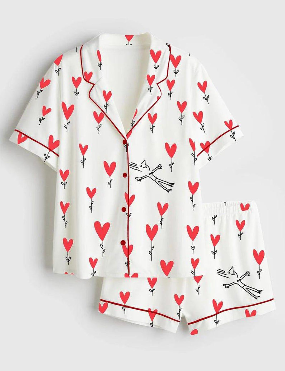 Heart Print Silk Pajama Set Women Lounge Sleepwear Shorts