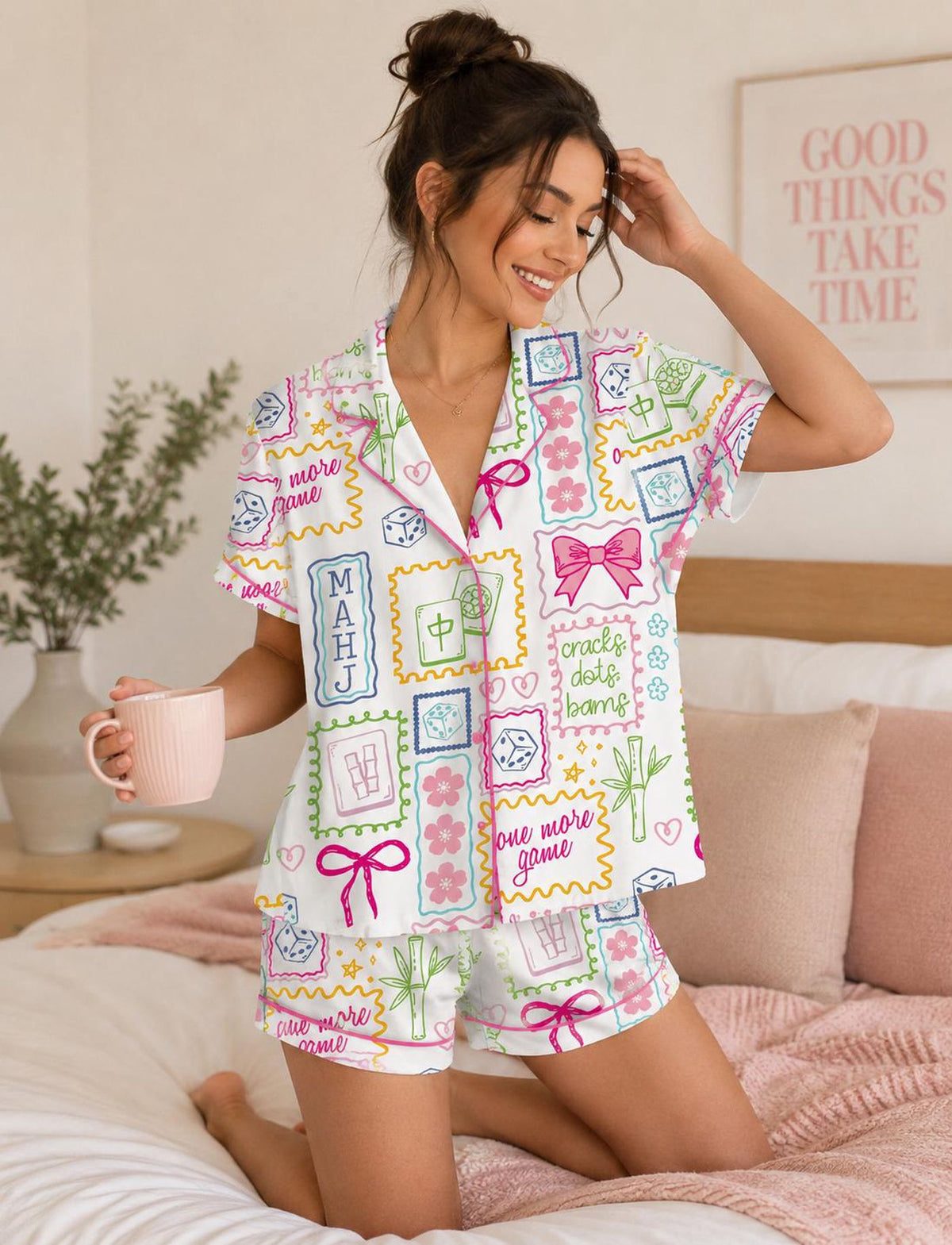 Women s Mahjong Pajama Set: Silky Satin Loungewear for Game Night Gift