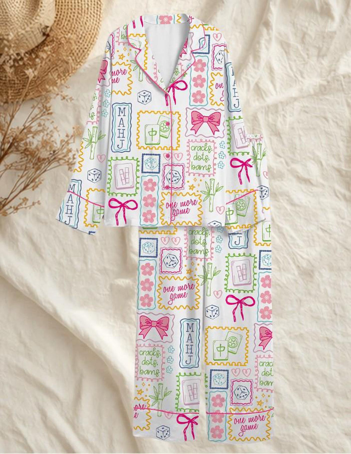 Women s Mahjong Pajama Set: Silky Satin Loungewear for Game Night Gift