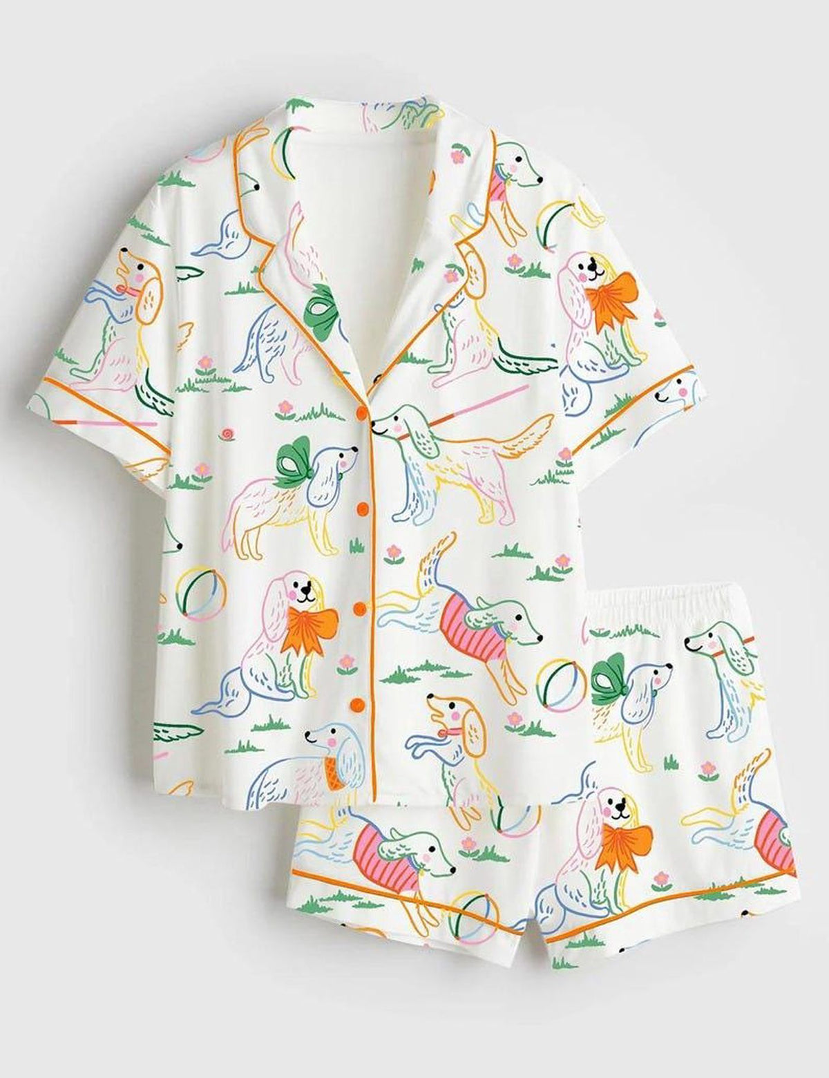 Pastel Puppy Print Dog Pajama Set Women Summer Sleepwear PJ