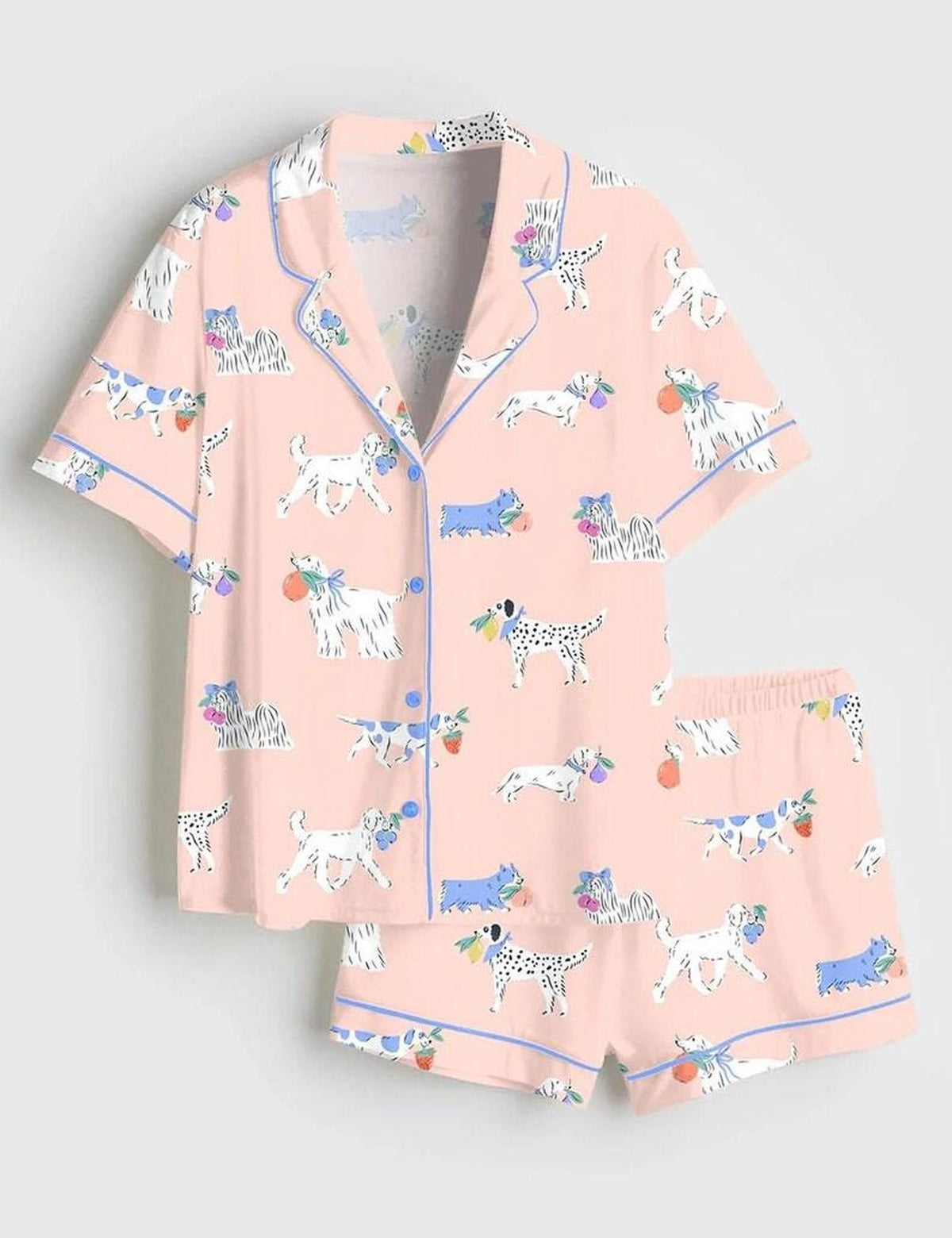 Peach Puppy Print Pajama Set Women Imitation Silk Pet Lover Sleepwear