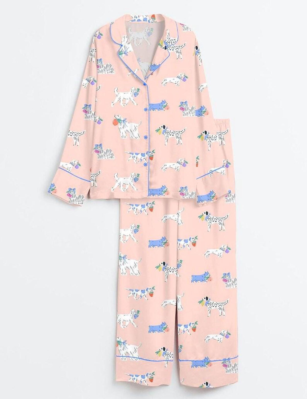 Peach Puppy Print Pajama Set Women Imitation Silk Pet Lover Sleepwear