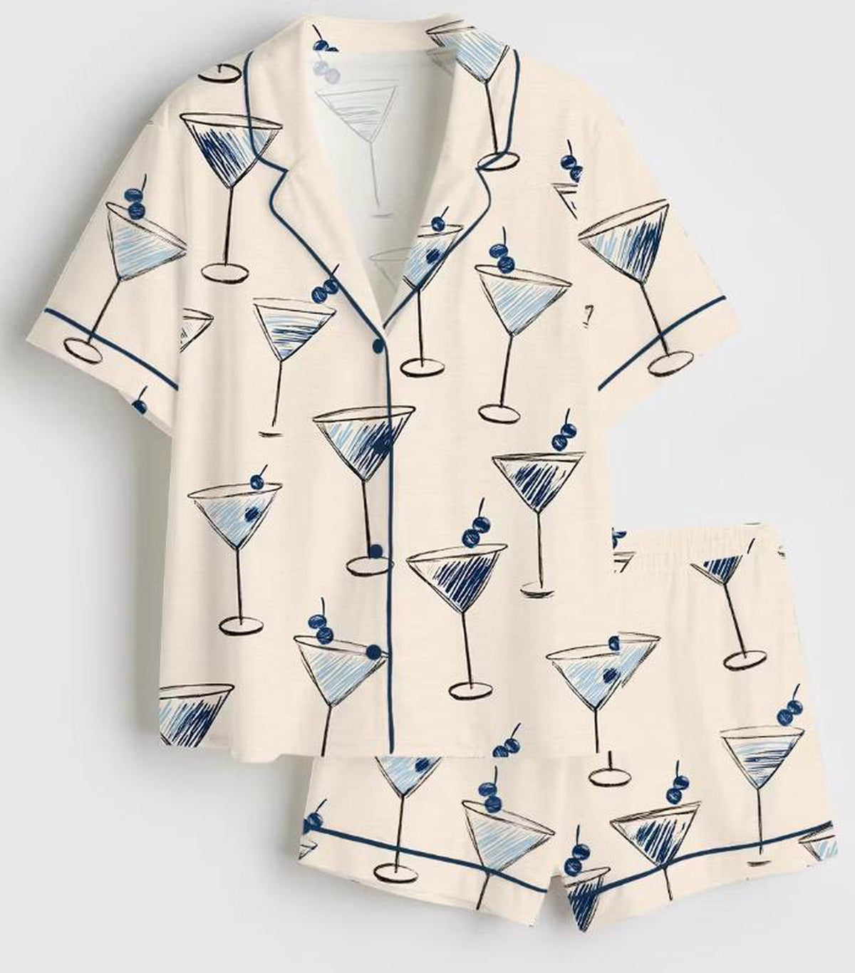 Blue Martini Cocktail Satin Pajama Set - Women s Silky Sleepwear with Bar Drink Print