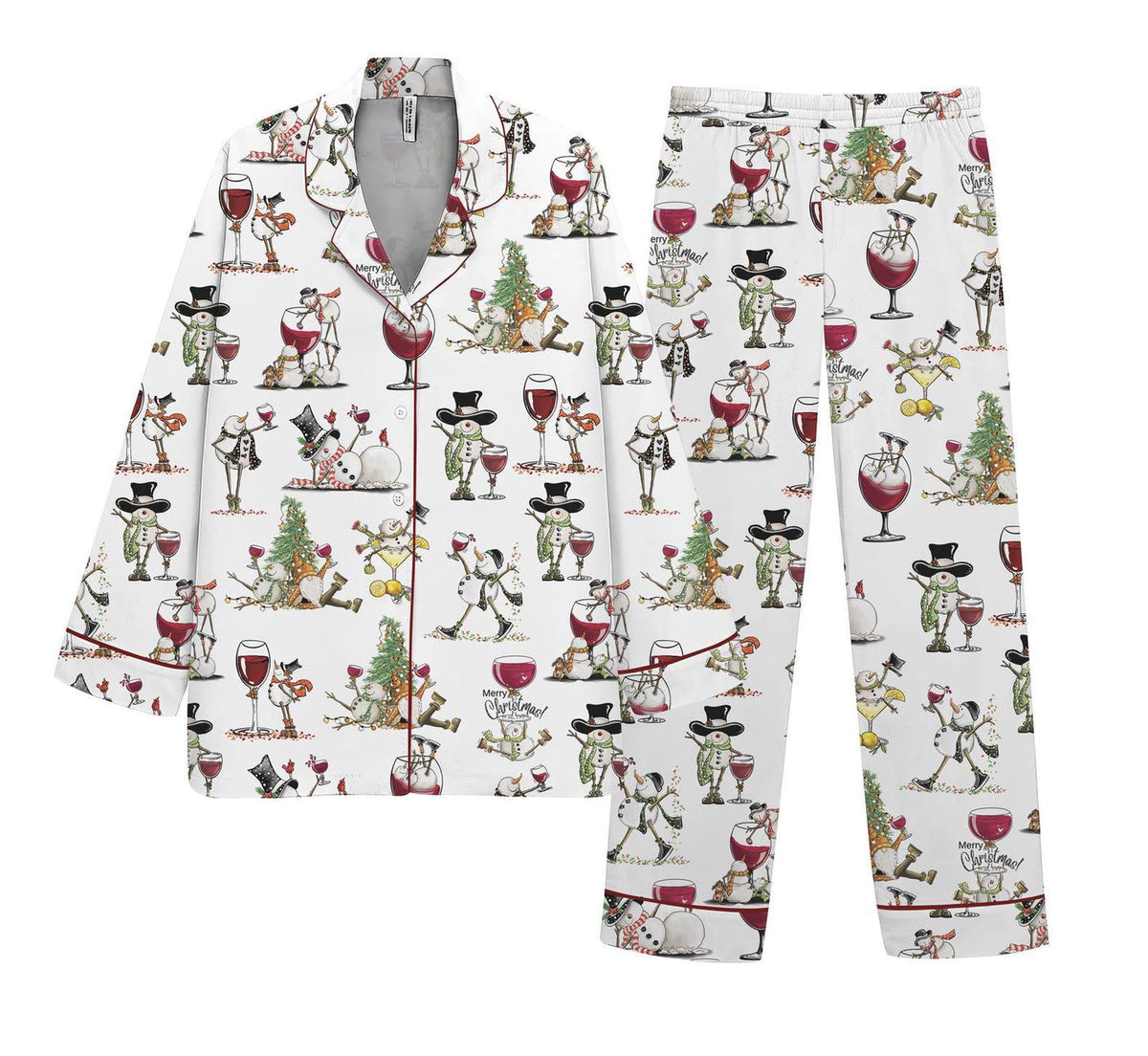 Snowman Wine Satin Sleepwear Christmas Pajama Set Women s