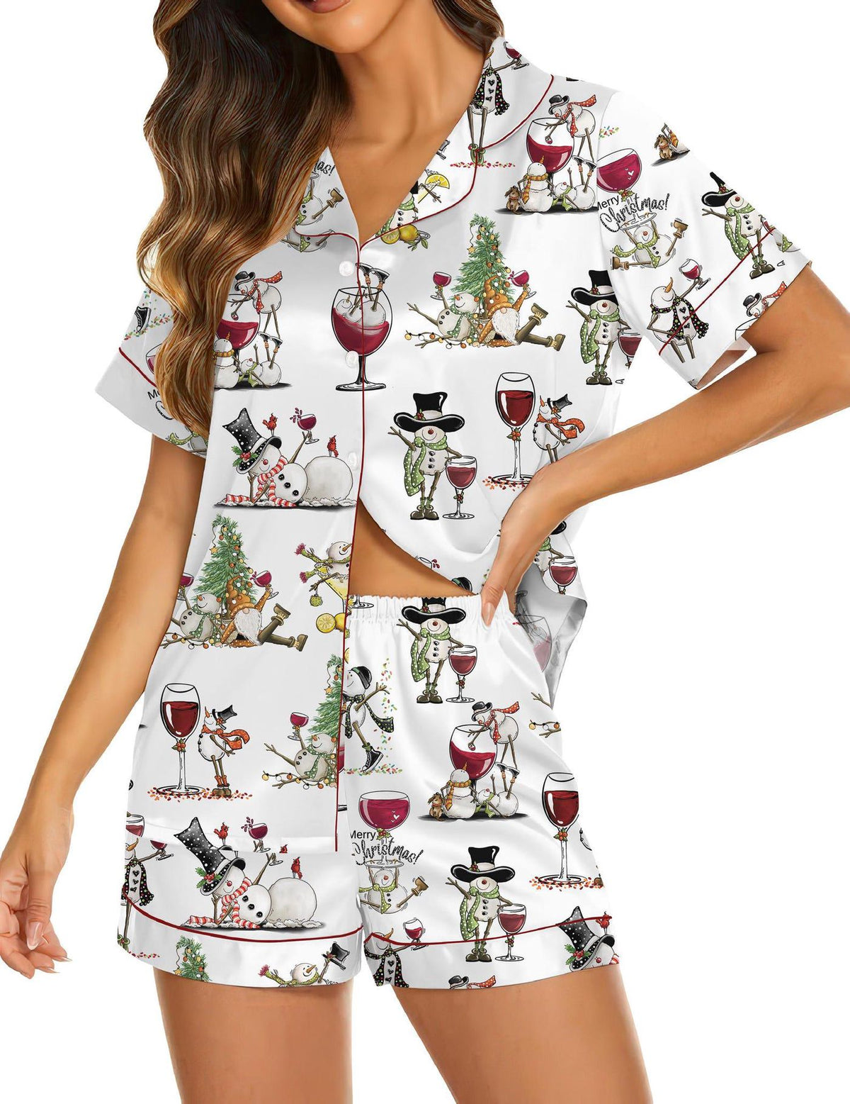 Snowman Wine Satin Sleepwear Christmas Pajama Set Women s