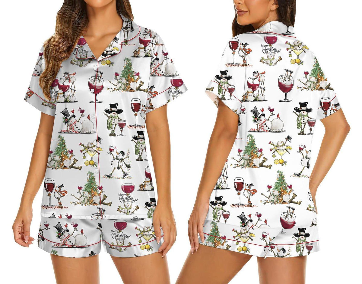 Snowman Wine Satin Sleepwear Christmas Pajama Set Women s