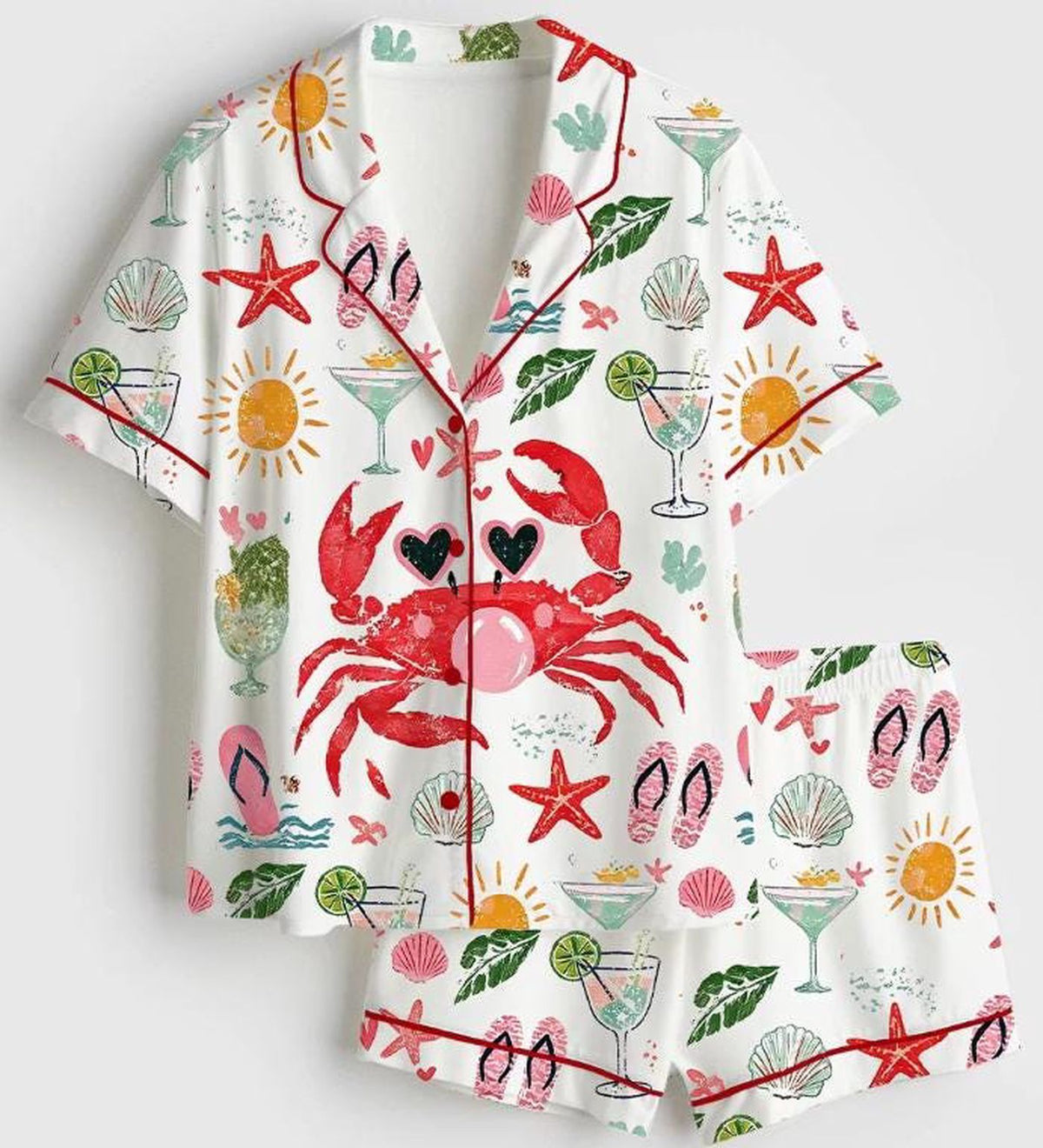 Coastal Crab Satin Pajama Set for Women - Nautical Beach Ocean Print Sleepwear Summer Gift