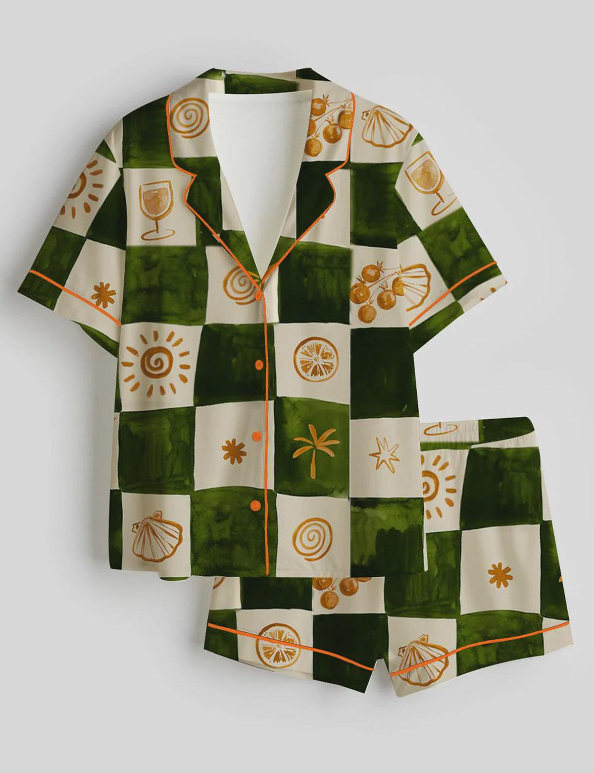 Women’s Coastal Vibes Satin Pajama Set, Seaside Life Print Sleepwear, Short and Long Sleeve