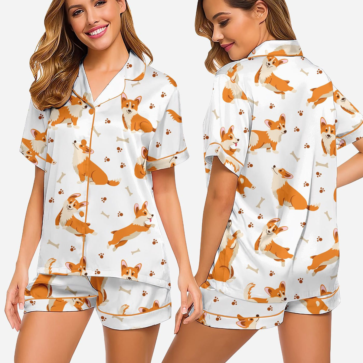 Women s Corgi Pajamas: Animal Print Short Sleeve Button Up Sleepwear for Summer Lounge - Perfect Gift